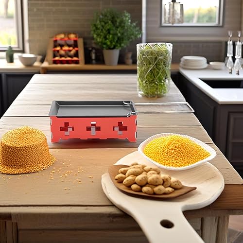 Miniatura 8 de Juego de raclette portátil de queso, bandeja para hornear de hojaldre roja, espátula pequeña, espátula de pala, tostadora de queso antiadherente,