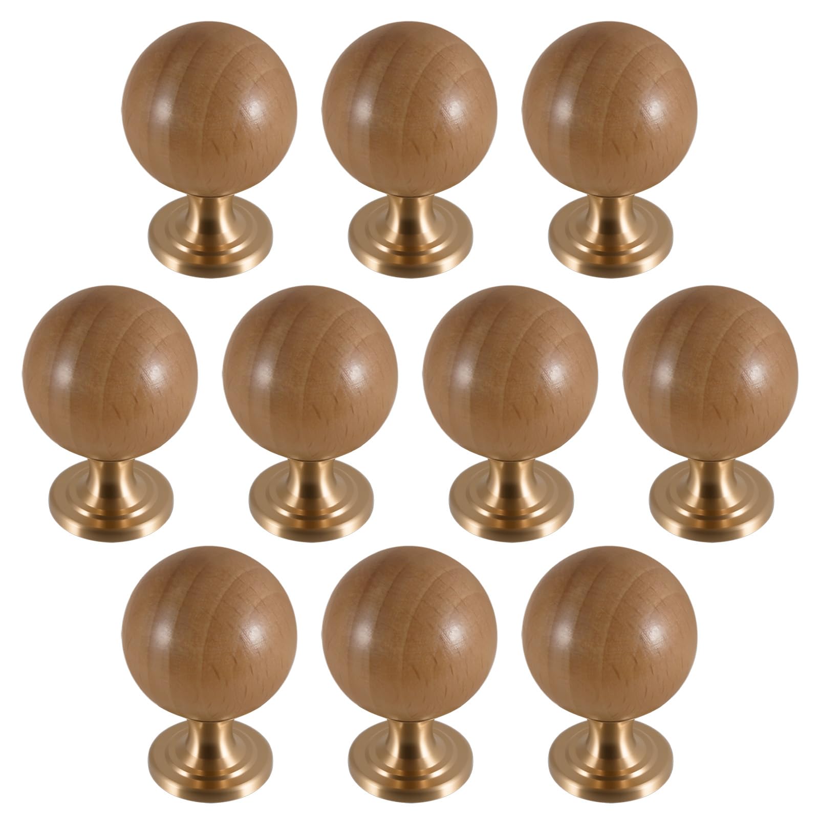 Boutons d'armoire ronds en bois et laiton de 30 mm pour tiroir de commode | Lot de 10 pcs