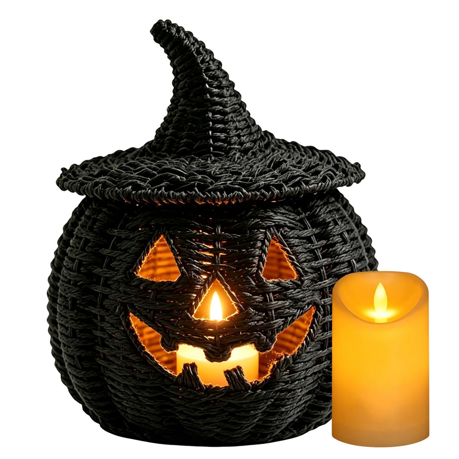 Czarny pleciony kosz dyniowy pojemnik na Halloween ze świecą LED | Straszny kosz do przechowywania słodyczy do domu mieszkania salonu biurko gzyms do jadalni wejście
