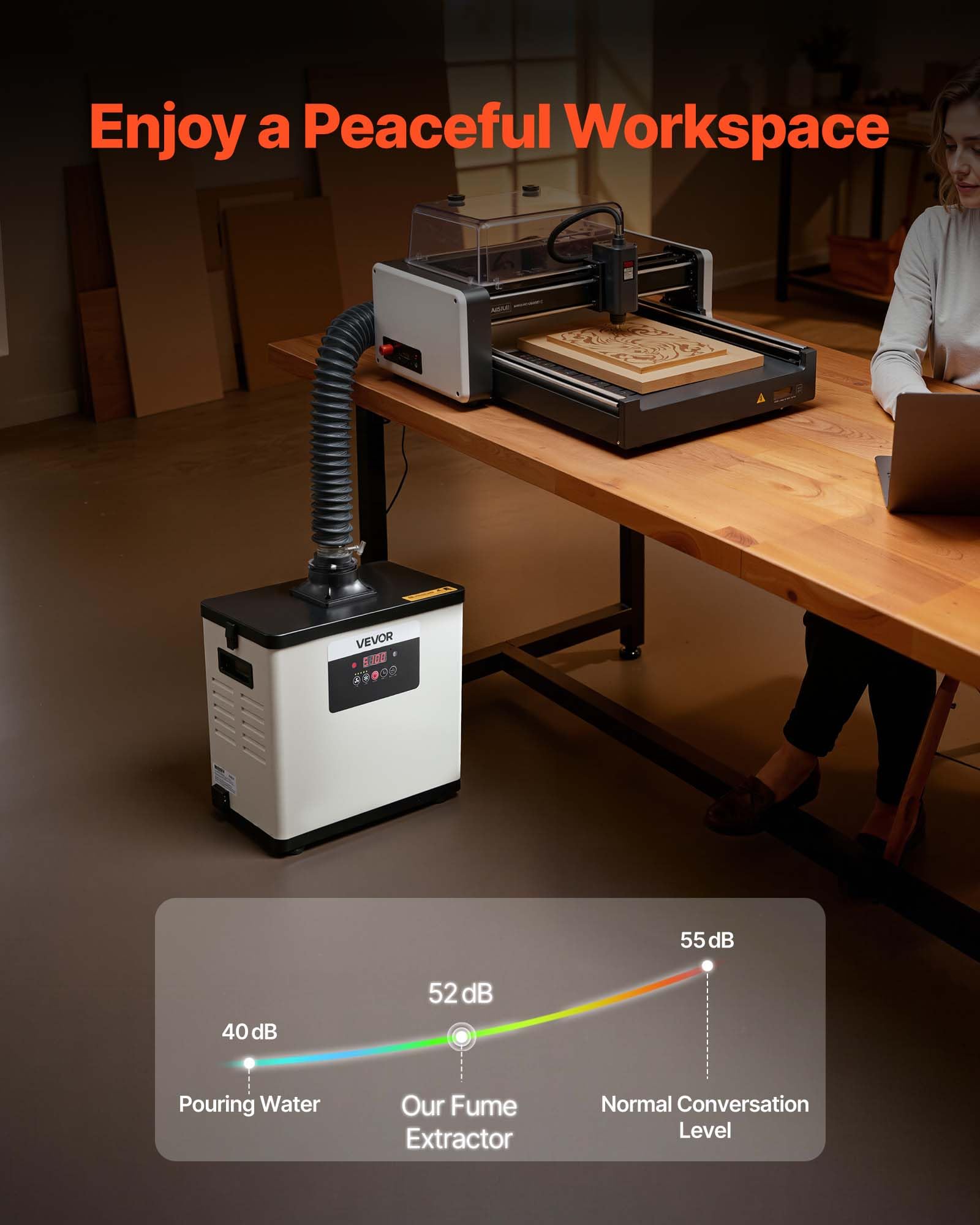 VEVOR Extractor de Humos de Soldadura 145 W Flujo de Aire de 510 m³/h, Absorbedor de Humos de Soldadura con Motor sin Escobillas, 10 Velocidades, Control Remoto, para Grabado Láser, Impresión 3D
