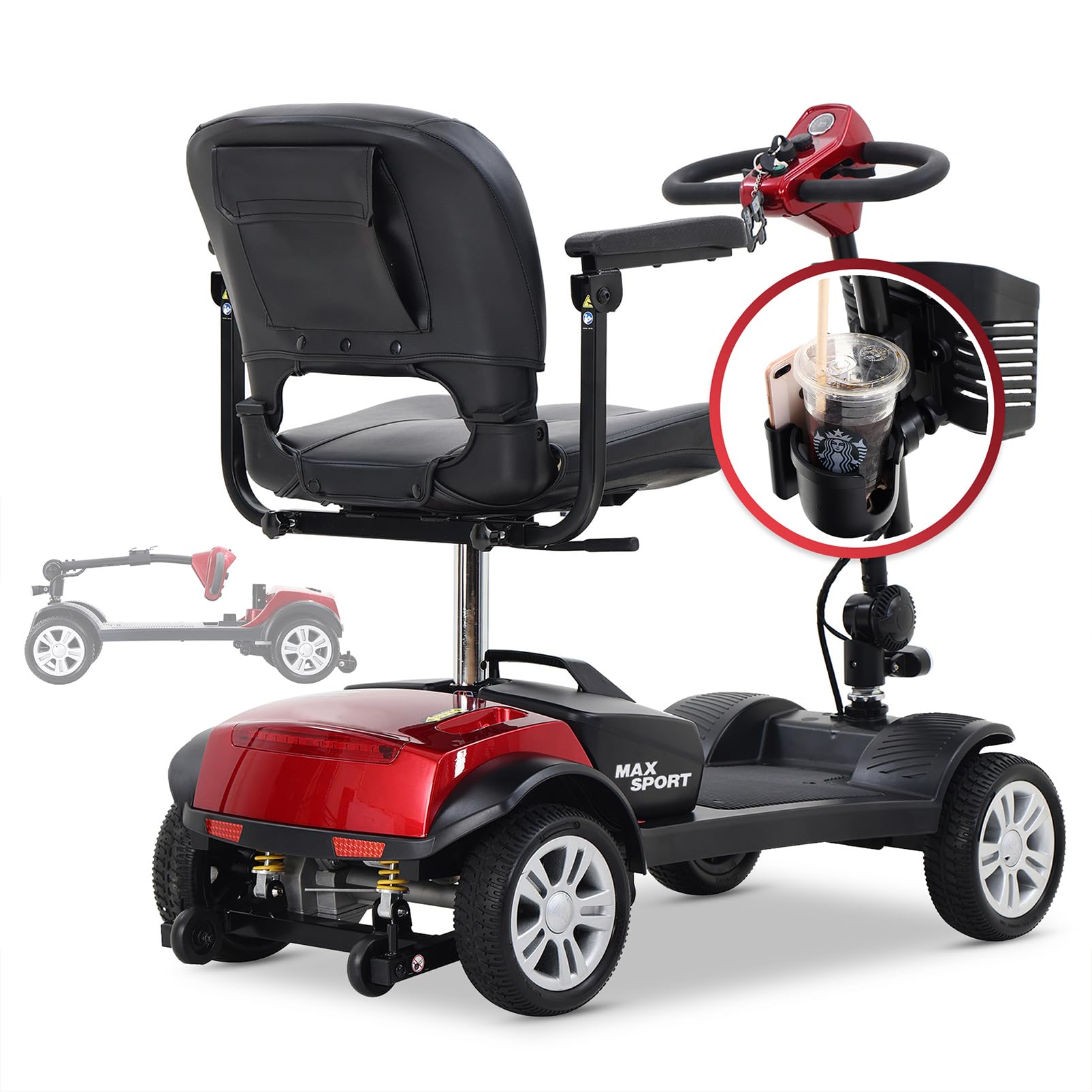 Deluxe Portable Electric Mobility Scooter, Easy Collapsible 400lbs Weight Capacity Travel Scooter,4 Wheel Mobility Scooters - Electric Powered Wheelchair -with Charger and Basket Included (red)