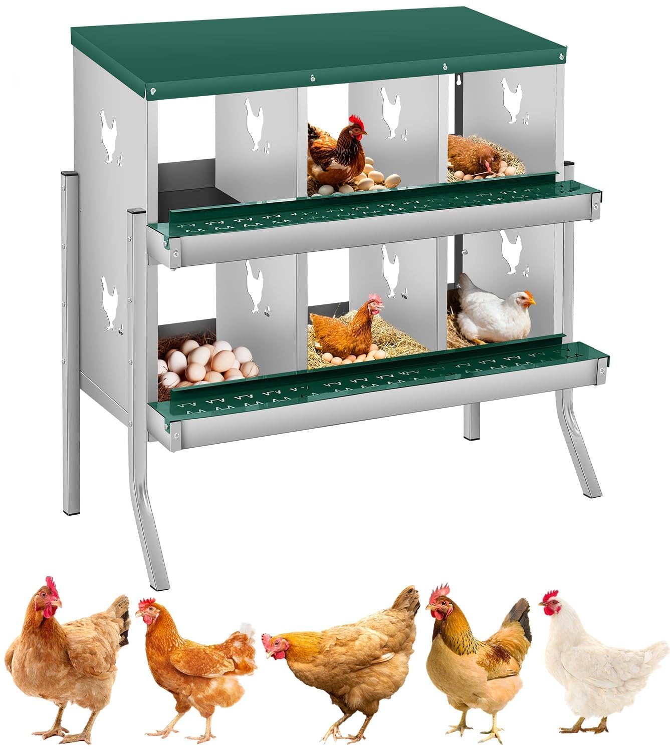 Nido para pollos de metal con 6 compartimentos y bandeja recogedora de huevos