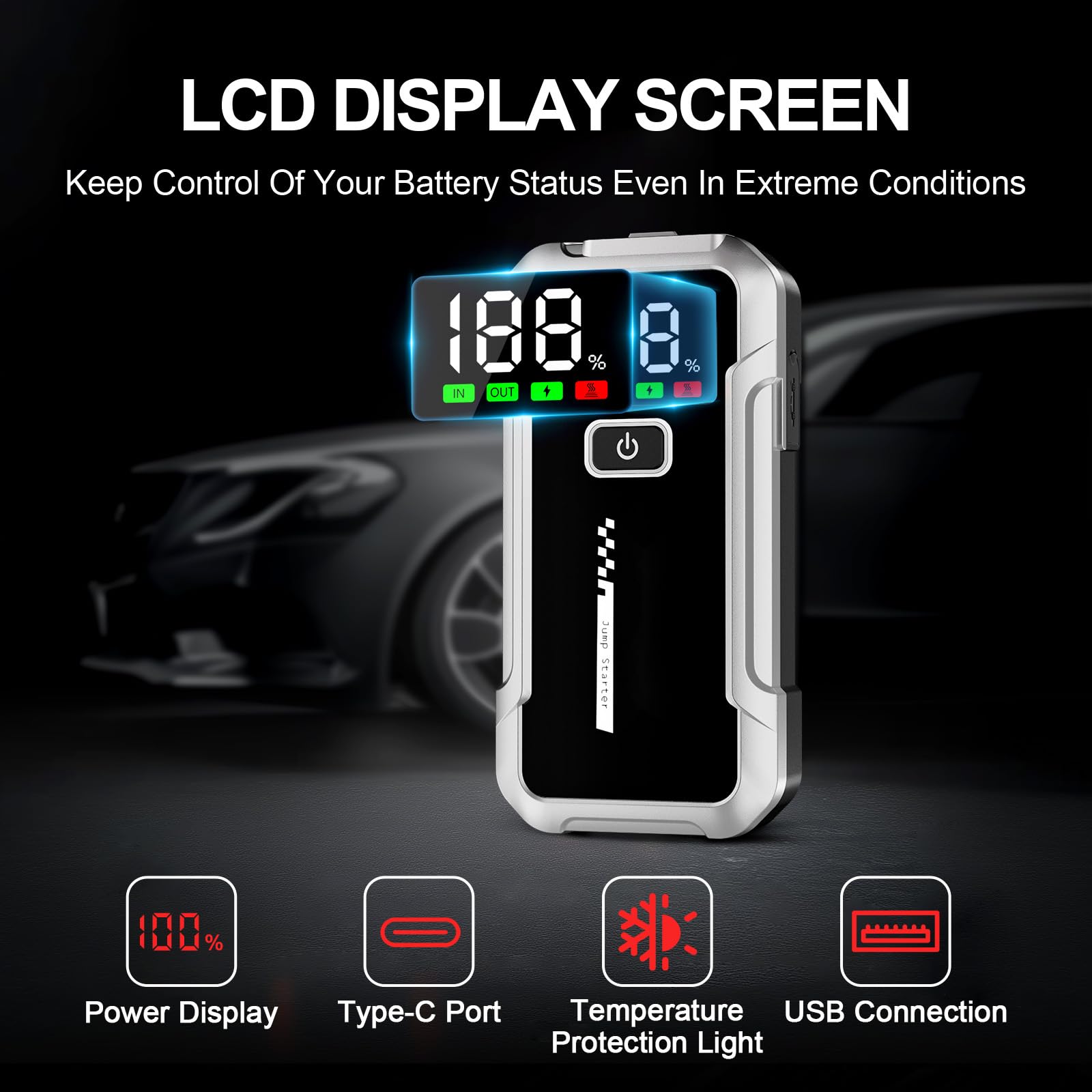 Booster do Akumulatora Samochodowego 7000A Rozrusznik Samochodowy 12V (do Wszystkie Benzyna lub 10L Diesel) Jump Starter z Lampką LED Ekranem LCD do Pojazdów 12V Auto Moto SUV Ciężarówka