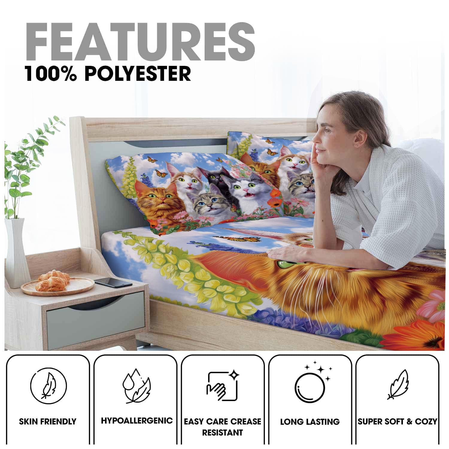 Sábanas 200X190/200Cm - Juego De Sábanas 3 Piezas Estampadas Lindo Gato - Microfibra Suave Transpirable - Sábana Bajera Ajustable - Ropa De Cama Jardín De Ensueño (Azul Cielo)