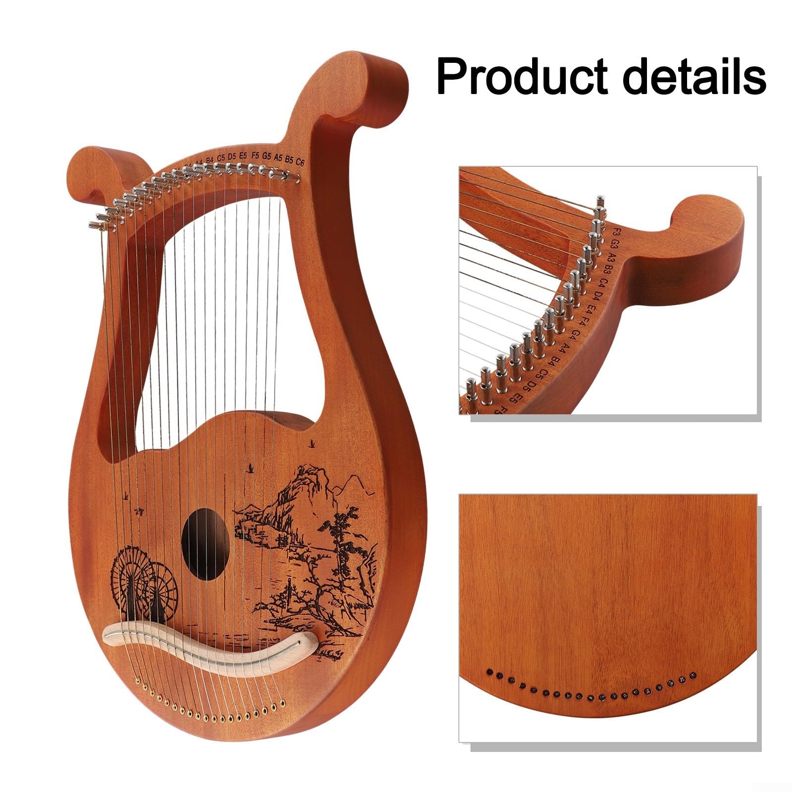 Arpa de madera de 19 cuerdas con llave de afinación y cuerdas de repuesto, perfecta para relajación y disfrute (rueda)