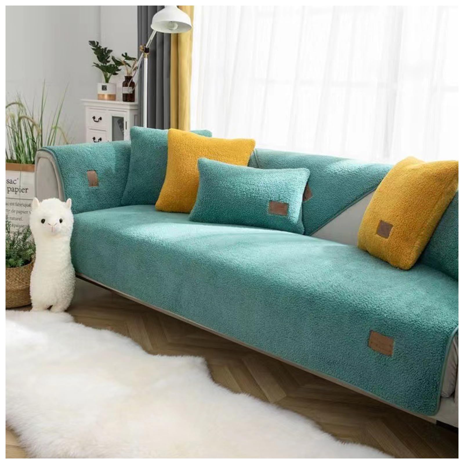 Thick Fuzzy Sherpa Fleece Non-Slip Sofa Cover, Non Slip Sofa Cover, Fuzzy Couch Cover, Washable 1/2/3 Seater Pure Color Sectional Sofa Protector (green,110 * 110 cm)