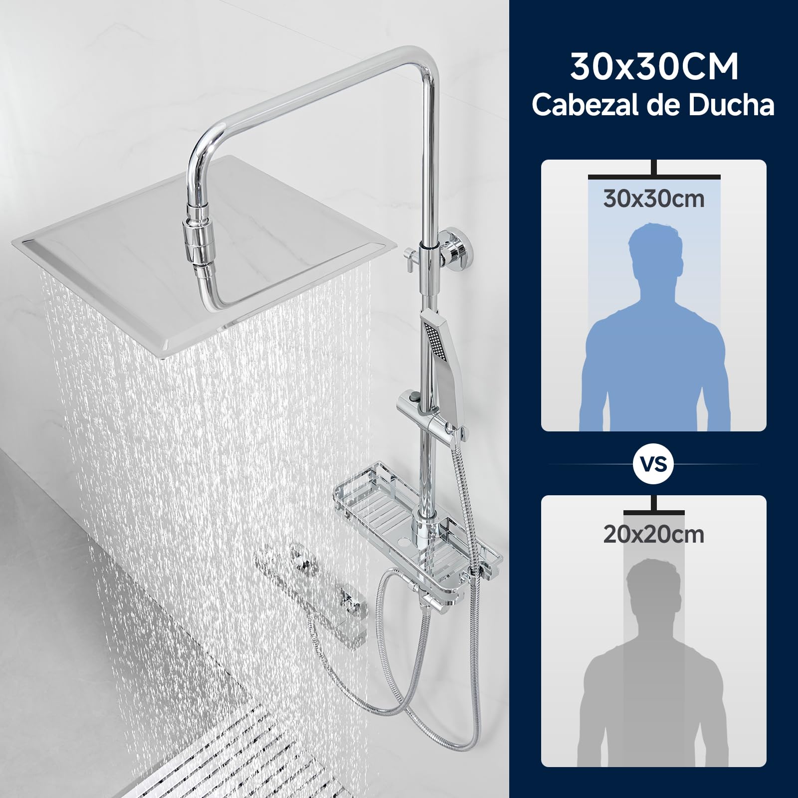 Auralum Columna Ducha Sin Grifo, Rociador de Ducha 30x30cm Acero Inoxidable 304, Alcachofa Ajustable y Estante Sin Taladro, Barra Ducha 62-102cm Compatible Orificios Existentes para Bañera, Cromo