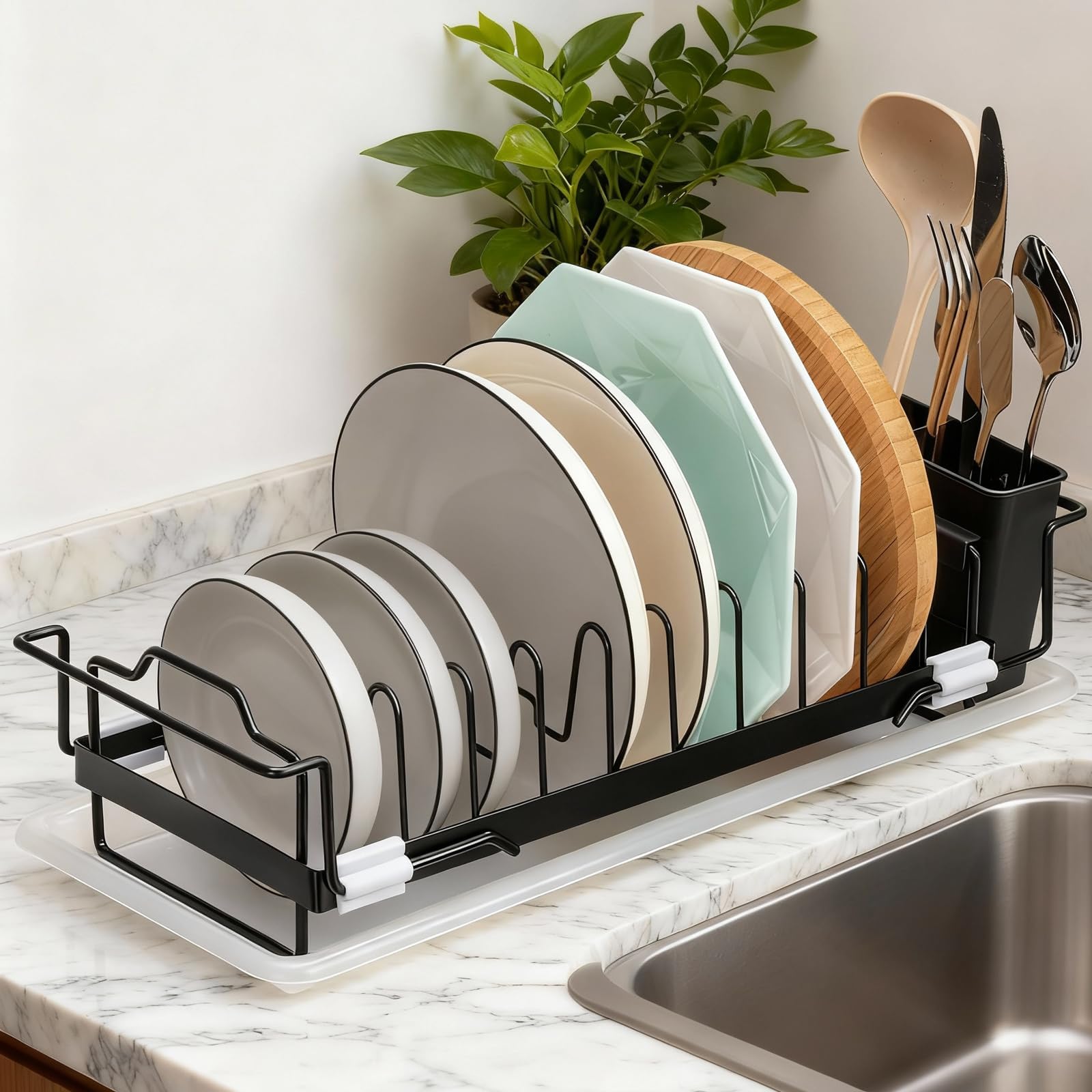 Photo 1 of Mesiiloly 6.3"x13.6"-16.5" Expandable Dish Drying Rack for Kitchen Counter, Stainless Steel Dish Drying Rack with Drain Board and Sink Caddy Organizer, Black Drying Rack Dish with Cupholder in Sink