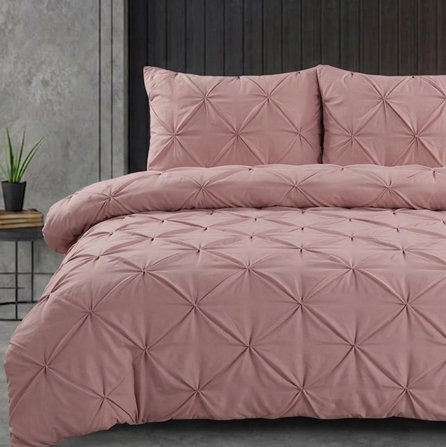 Linen Home Pintuck King Size Duvet Cover Sets Pink, Soft Burshed Microfibre King Quilt Cover with 2 Pillowcases, Easy Care Wrinkle Free King Bedding Set of 3 Pcs (Pink)
