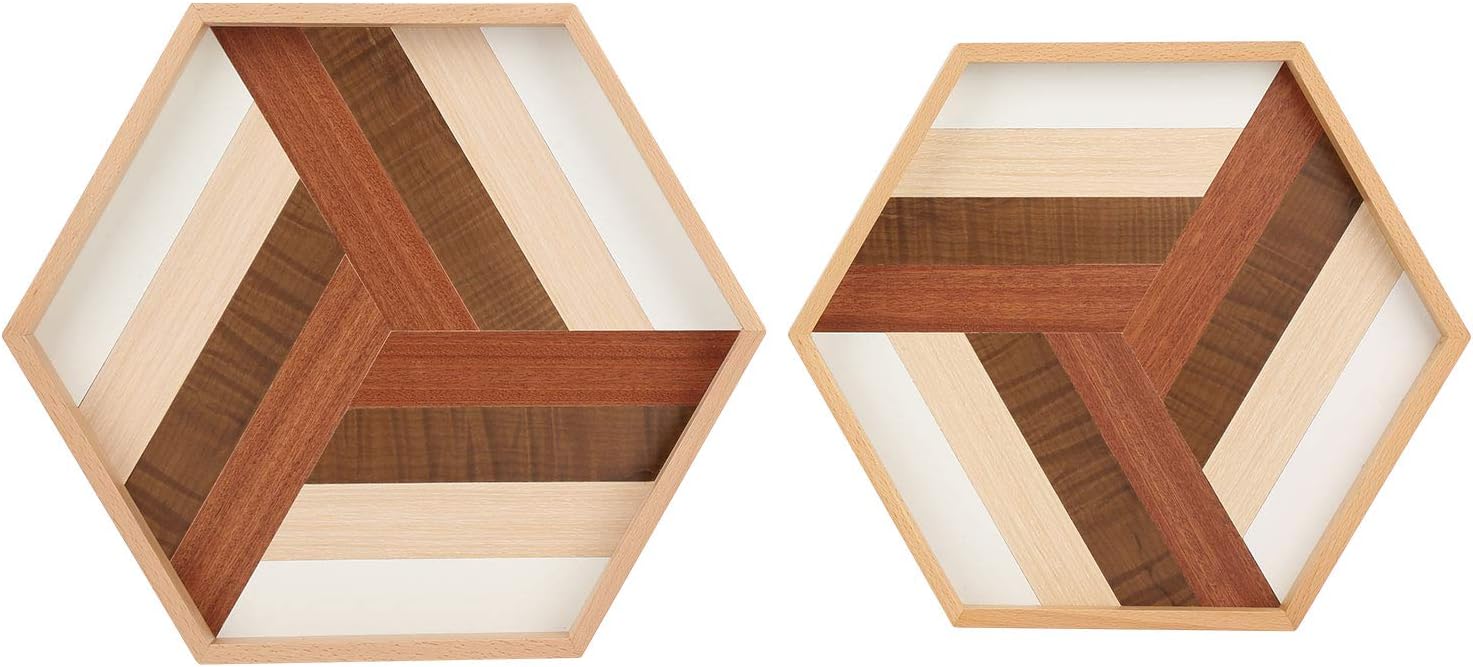 Set of 2- Prometis Hexagon Serving Decorative Tray Sturdy Wooden Handmade， Great for Dinner Tray/Coffee Table/Decoration Table