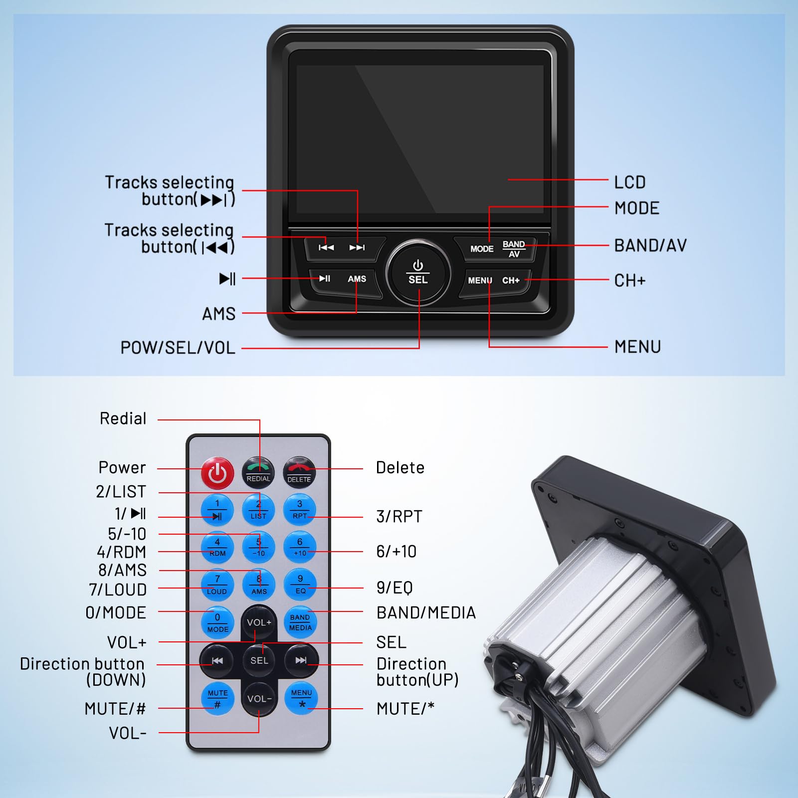 Łódź morska stereo odtwarzacz multimedialny MP5, wodoodporny odtwarzacz audio i wideo z odbiornikiem radiowym, wyświetlacz 4,1", Bluetooth 5.0, do łodzi, jachtów, samochodów