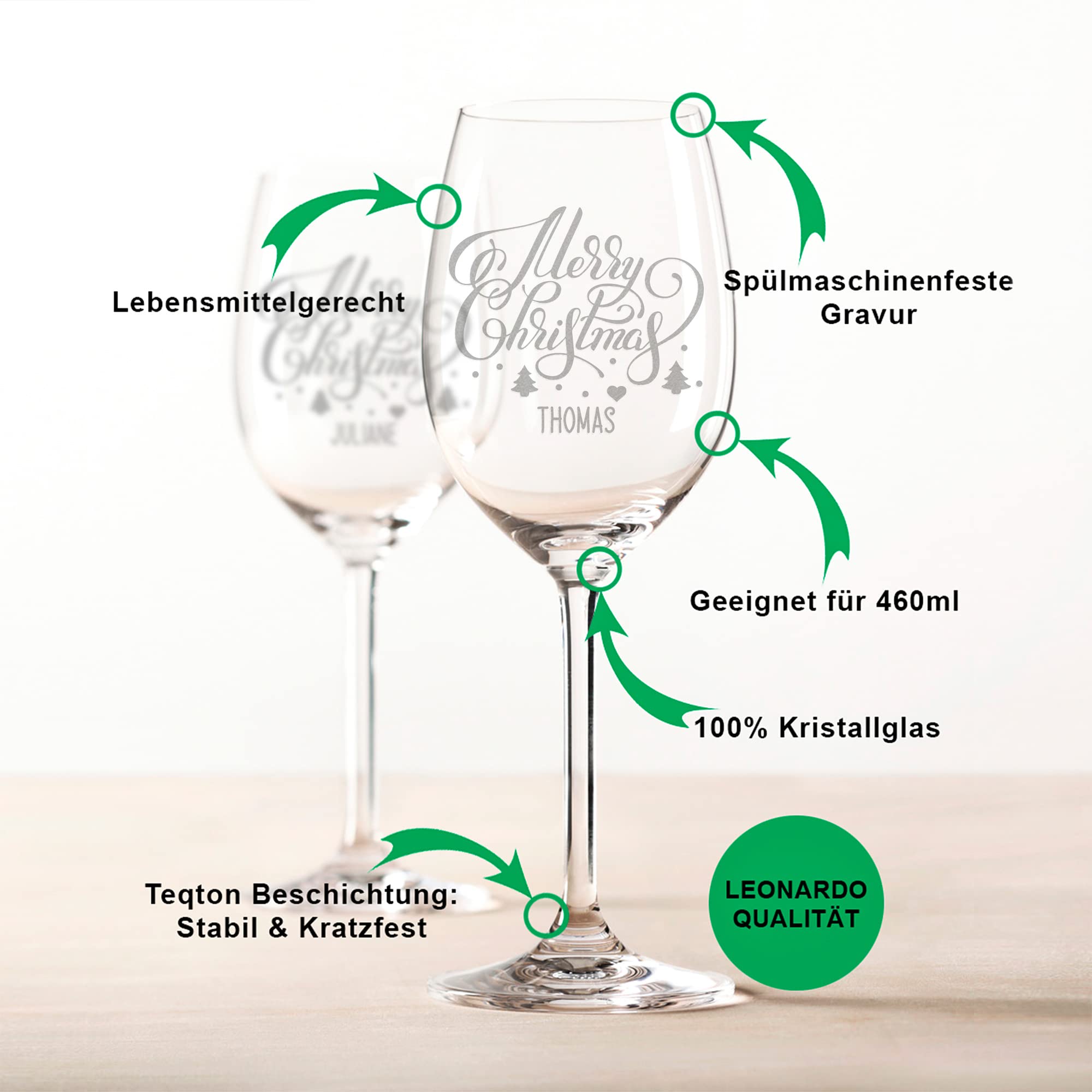 GRAVURZEILE Leonardo Calici da vino – Merry Christmas Lettering Design – Incisione con nome a scelta – Scatola in legno con design natalizio blu – Regalo di Natale per famiglia, amici e partner