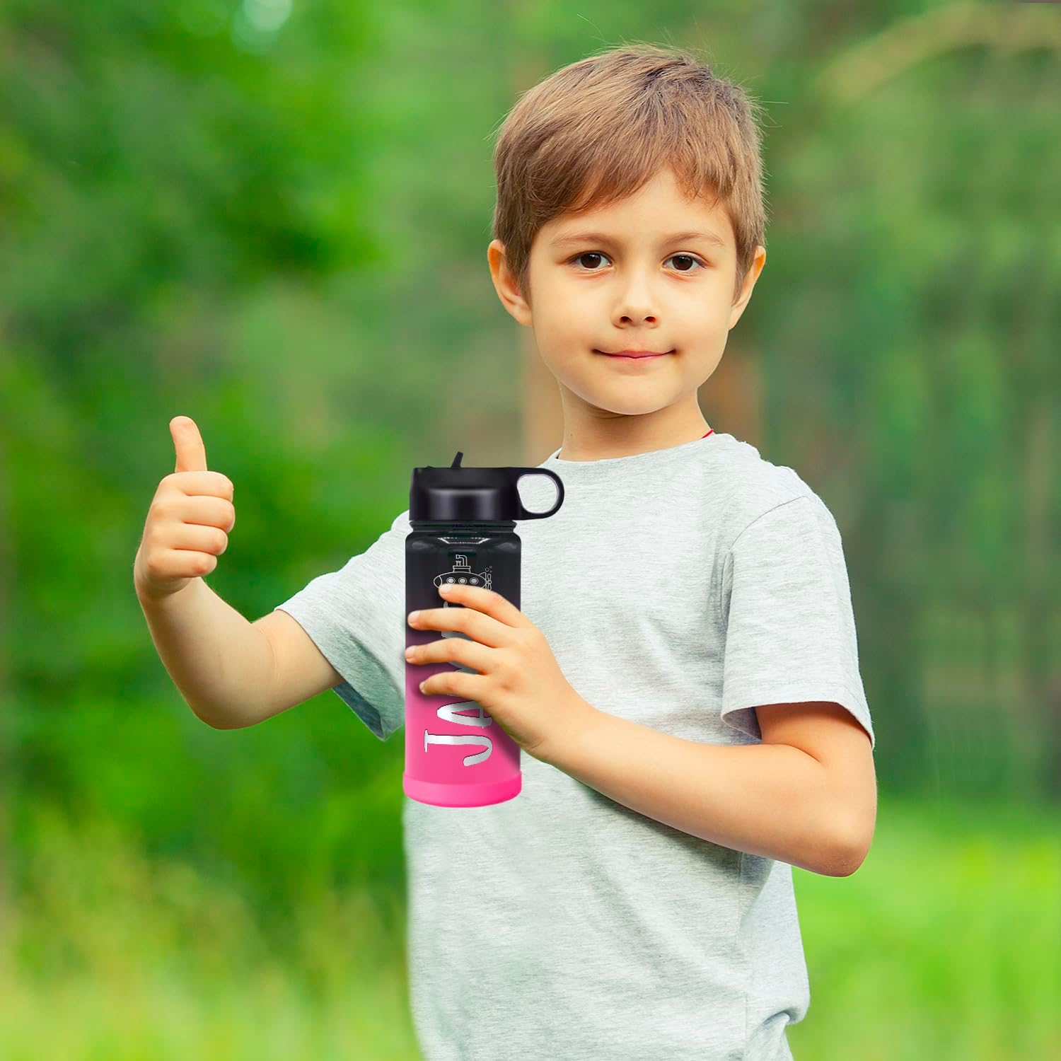 Personalized Children Water Bottle with Lid and Protective Silicone Boot Custom Black Pink Ombre 18 oz Modern Insulated Stainless Steel for Boys and Girls