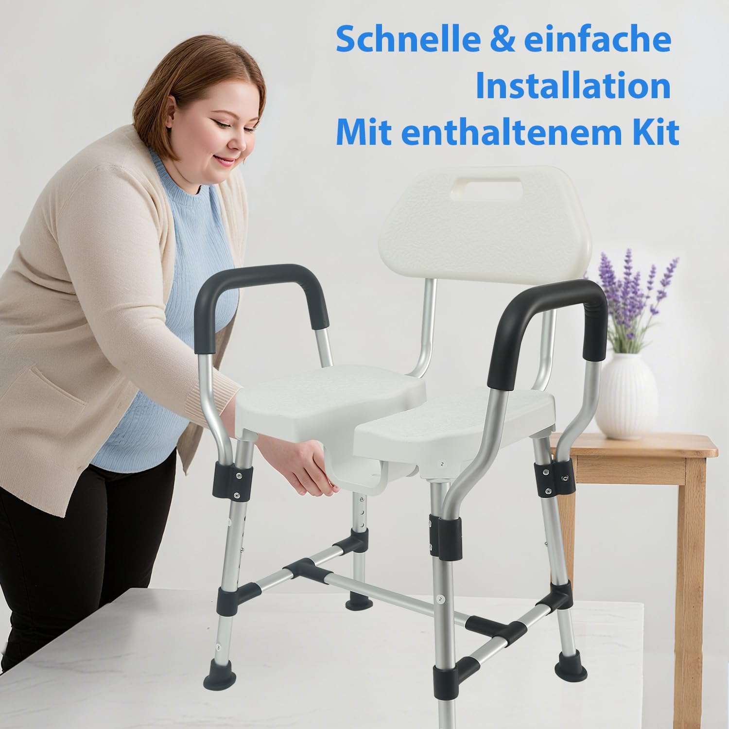 U-förmiger Duschstuhl mit Lehne für die Dusche, Bis 180kg Robuste Dreifach-Stangen-Basisverstärkung mit Arm- und Rückenlehne für Senioren, höhenverstellbar