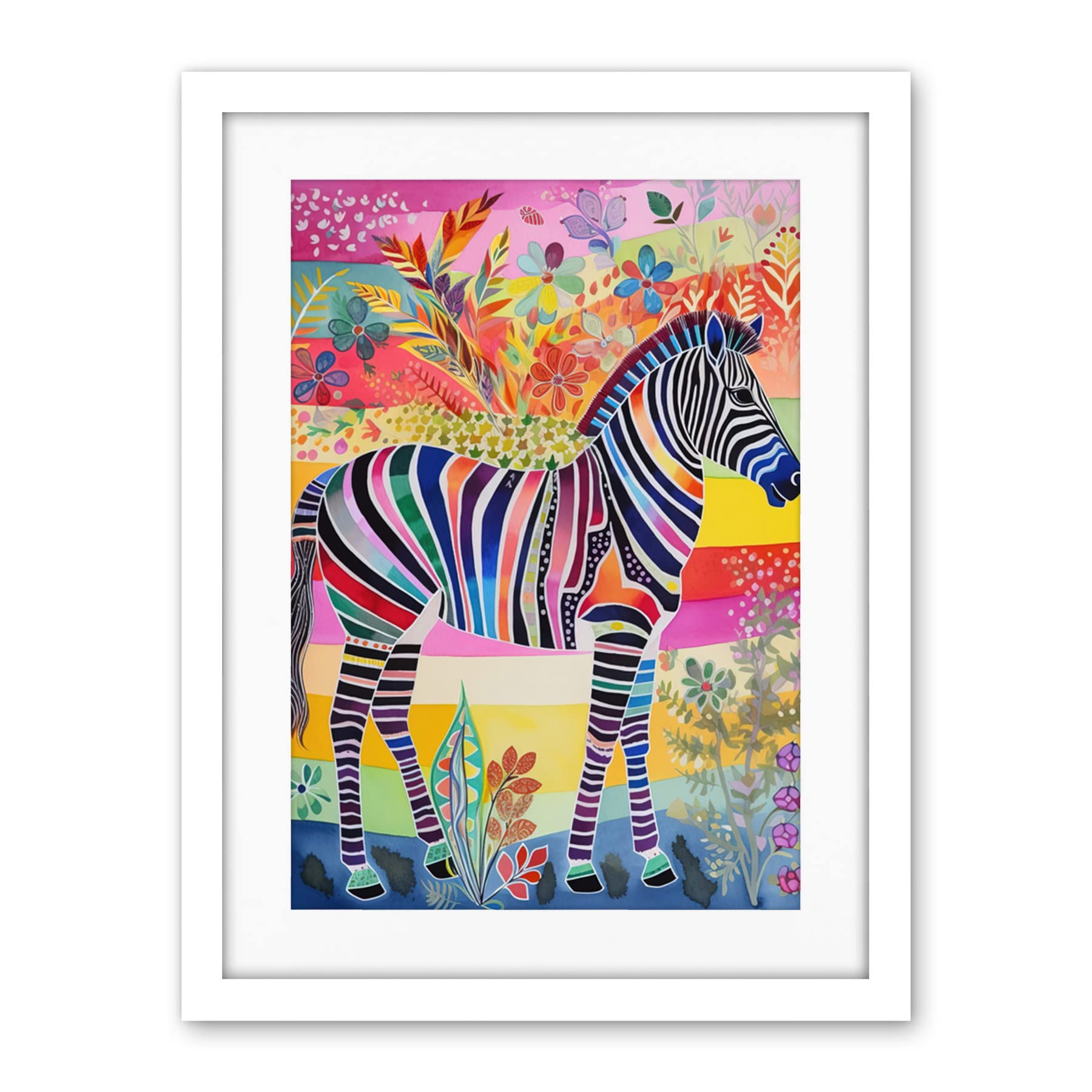 Artery8 Zebra Rainbow Floral Abstract Folk Art Artwork Framed Wall Art Print 18X24 Inch