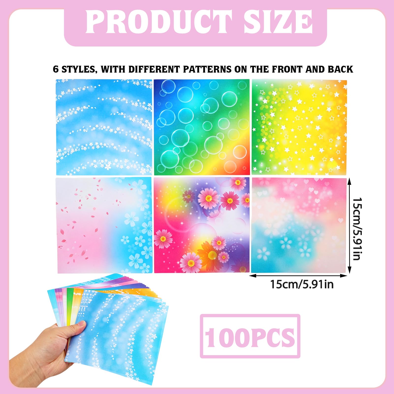 Origami Papier 100 Blatt 15x15 cm – Doppelseitiges farbiges Faltpapier mit 12 Mustern (Sterne, Blumen, Herzen) – Für Basteln, Dekoration, Scrapbooking – Umweltfreundlich