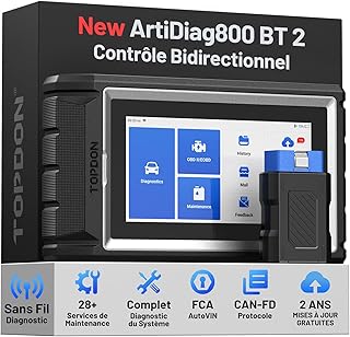 TOPDON ArtiDiag800 BT 2, Bluetooth Outil de Diagnostic Tous systèmes, 28+ Fonctions de Maintenance, accès à la passerelle FCA et protocole Can-FD, Test Actif, 2 Ans de Mises à Jour Gratuites