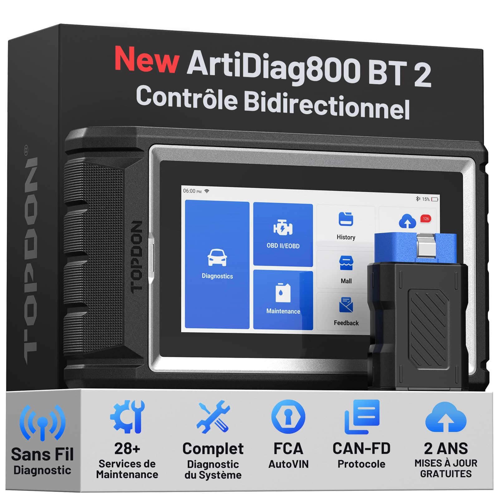 TOPDON ArtiDiag800 BT 2, Bluetooth Outil de Diagnostic Tous systèmes, 28+ Fonctions de Maintenance, accès à la passerelle FCA et protocole Can-FD, Test Actif, 2 Ans de Mises à Jour Gratuites