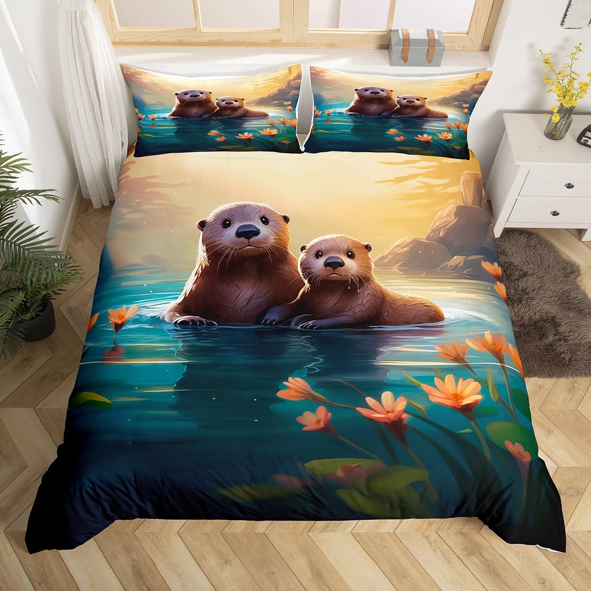 Parure de lit loutre mignonne crée une ambiance de lac et fleurs dans votre chambre d'enfant