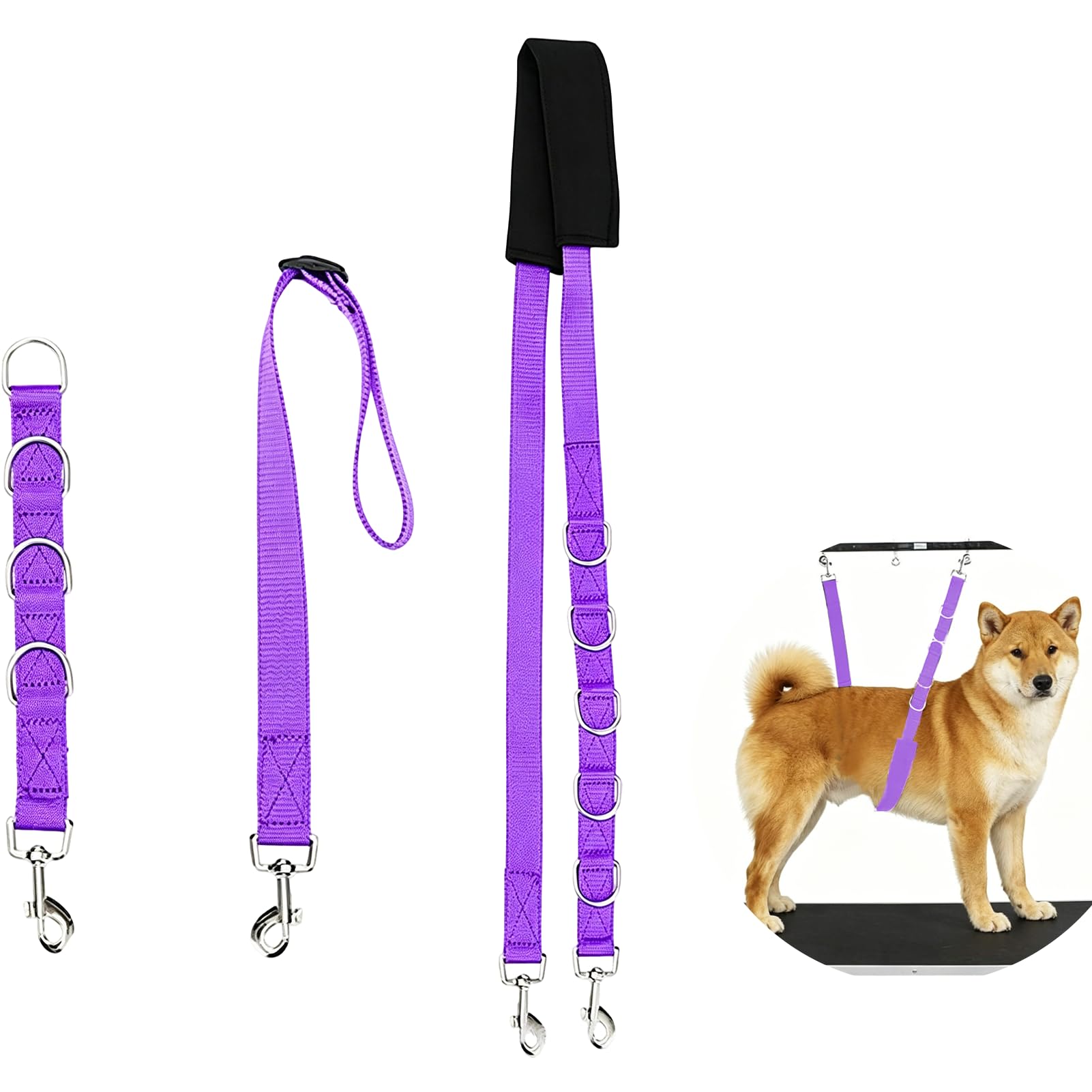 3 Piece Dog Grooming Harness, Adjustable Pet Restraint Loop with D-Rings, Nylon Belly Bands for Dogs Cats, Bathing Grooming Table Control, Training Activities