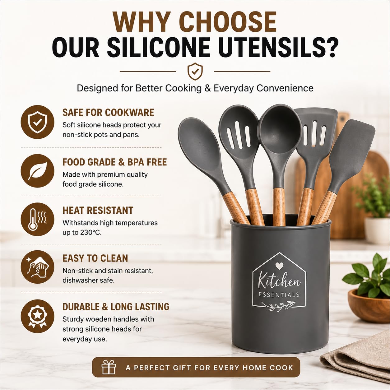 Zollyss Silicone Spatula Set | 5-Piece Premium Silicone Spatula for Non Stick Cookware & Cooking Utensils with Wooden Handles, Heat Resistant Non-Stick Safe Spatula & Spoon Set, Grey — Amazon image 8