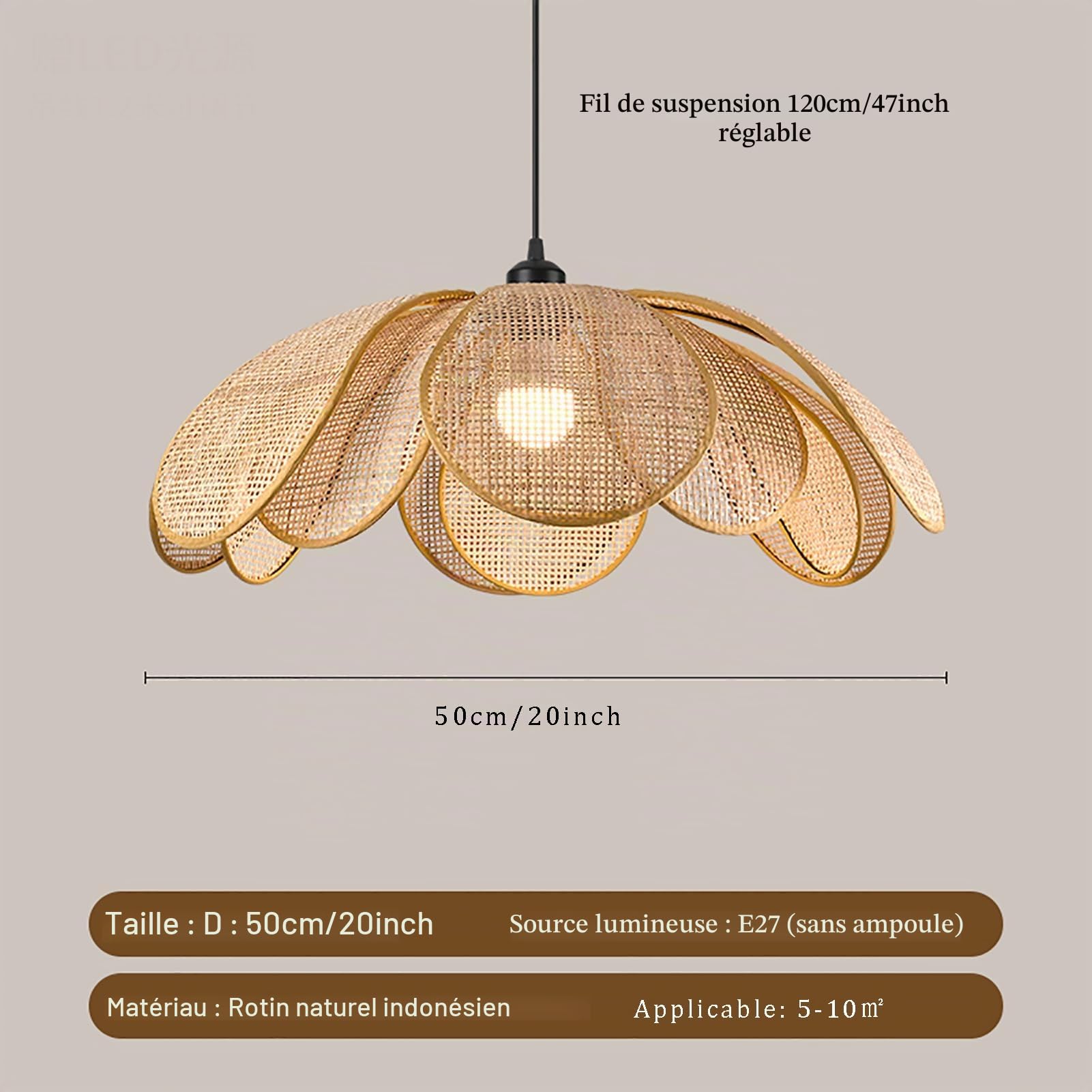 Suspension Boho Petal, Suspension en Rotin Tissé à La Main de Style Wabi-sabi, Lustres de Ferme pour îlot de Cuisine, Salle à Manger, Restaurant, Chambre à Coucher, D: 50cm/20inch