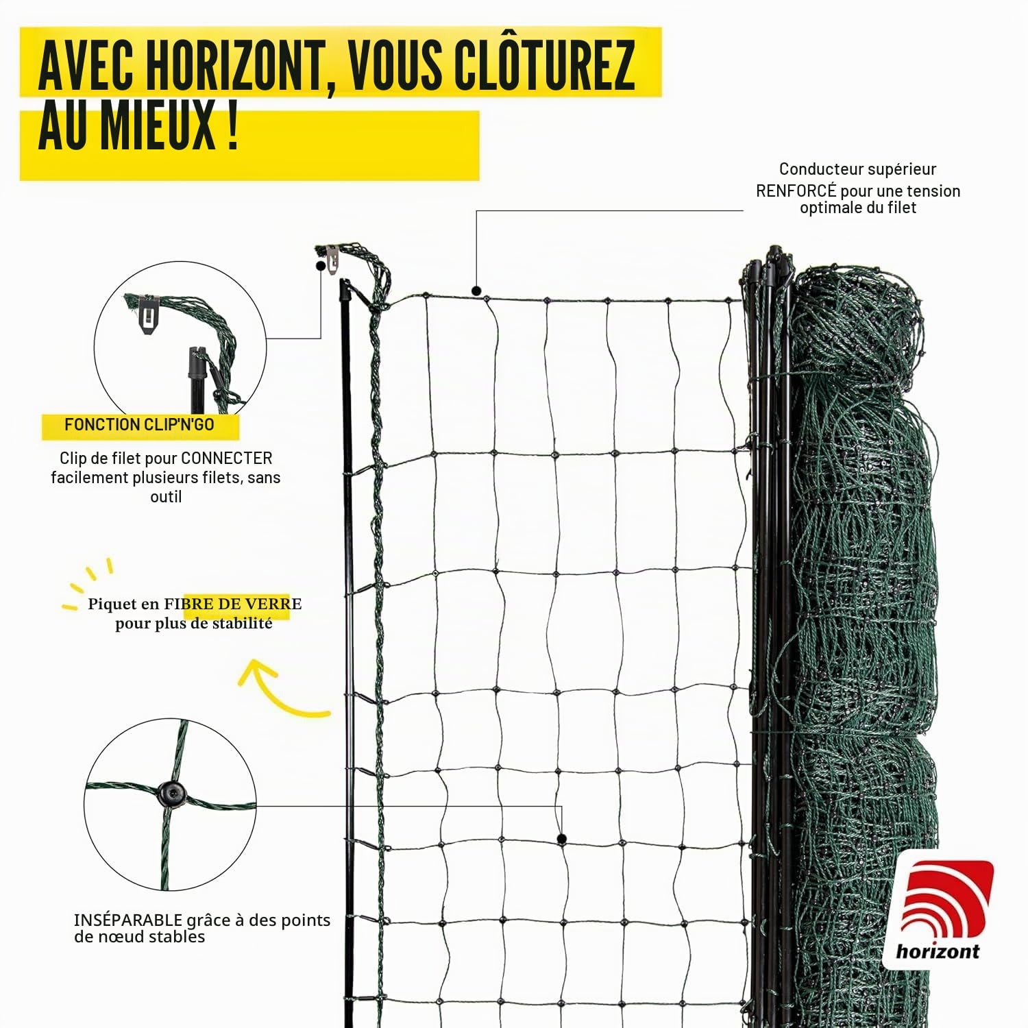 horizont strongLine Clôture de camping pour chien - Longueur : 50 m - Hauteur : 120 cm - 15 piquets en fibre de verre - Double pointe - Sans électricité - Vert - Clôture mobile pour jardin, cour et