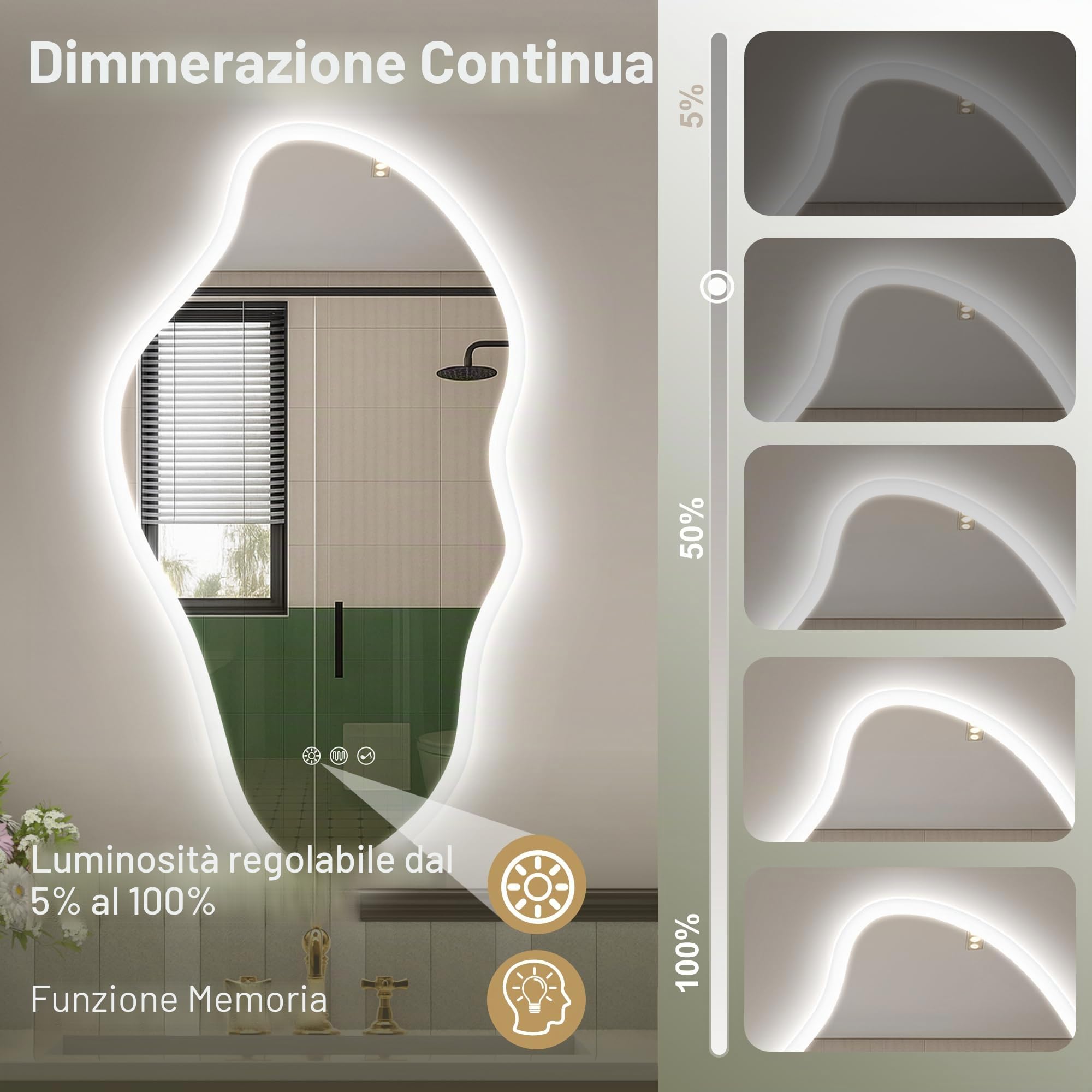 STARLEAD 100x60cm Irregolare Specchio-Bagno-con-Luce e Bluetooth, Asimmetrico Specchiera-Bagno con Dimmerabile, 3 Colori Luce, Antifog, Memoria, IP44, HD Vetro Temperato, Orizzontale/Verticale