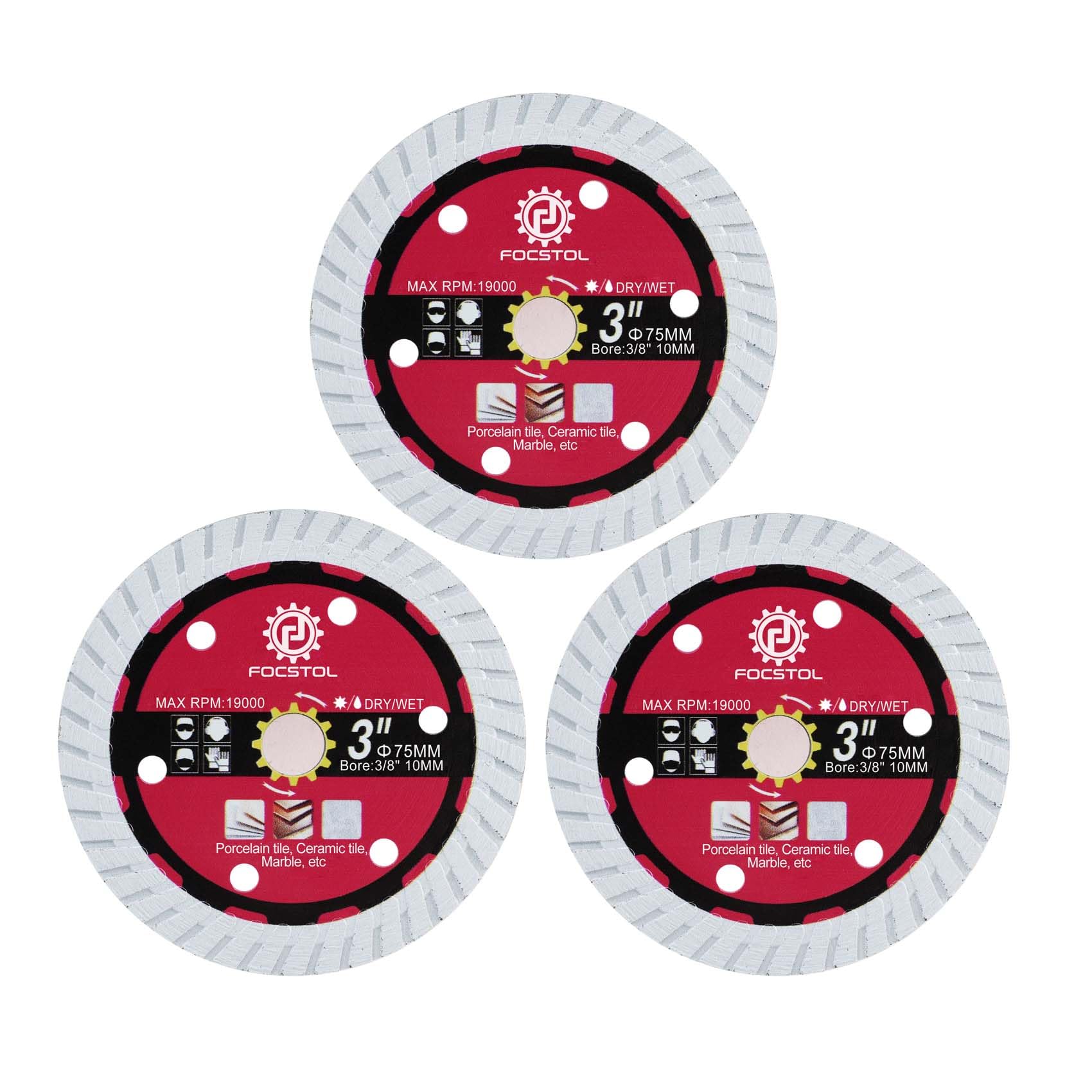 FOCSTOL Diamond Tile Saw Blade – 5-Pack 3 Inch (75mm) Cutting Disc For Ceramic, Porcelain, Marble – 3/8" Arbor