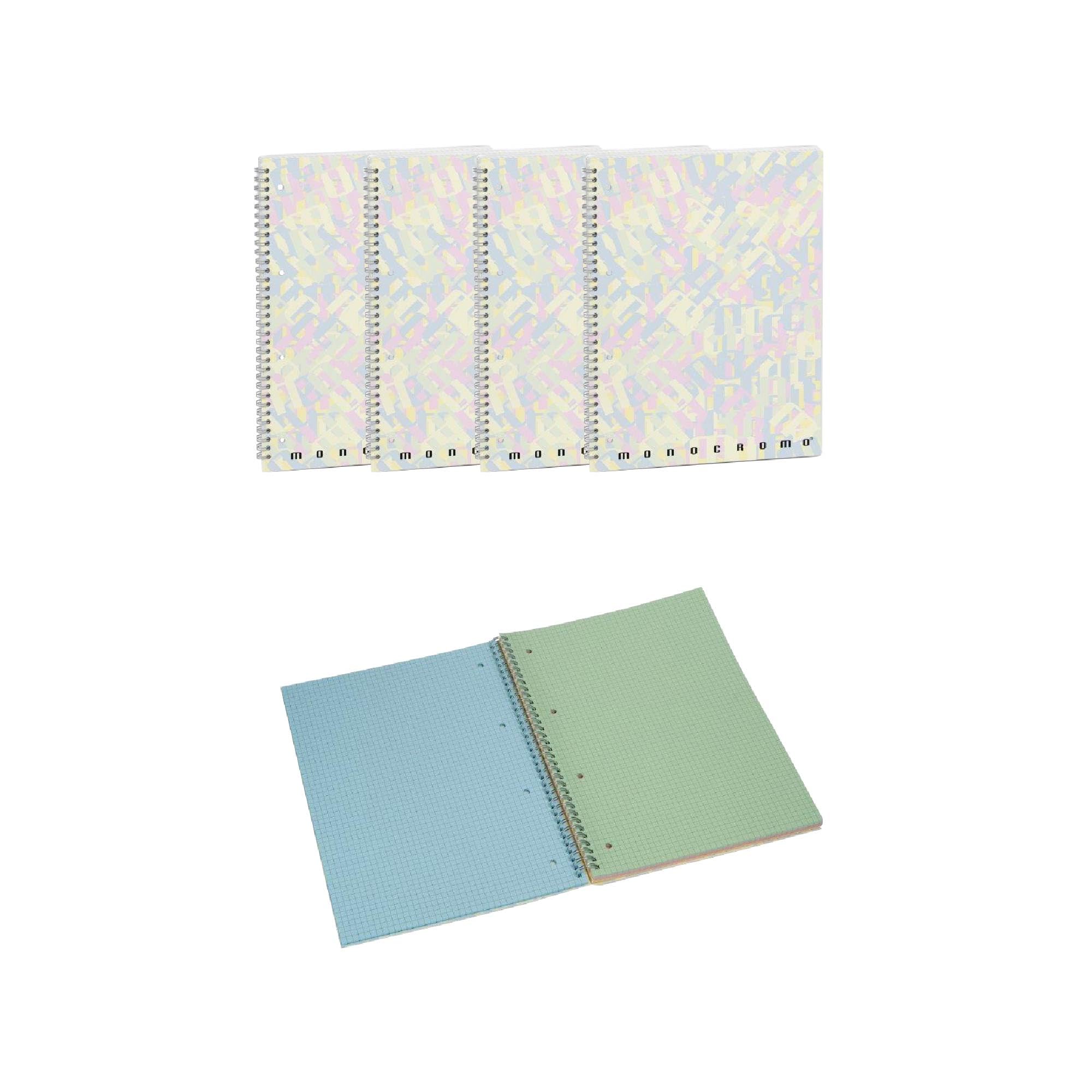 Pigna, Pack of 4 Maxi Squared Notebooks Monochrome Multicolour Spiral A4 with Holes, 80 Sheets, Ideal for School and Office, 80 Sheets
