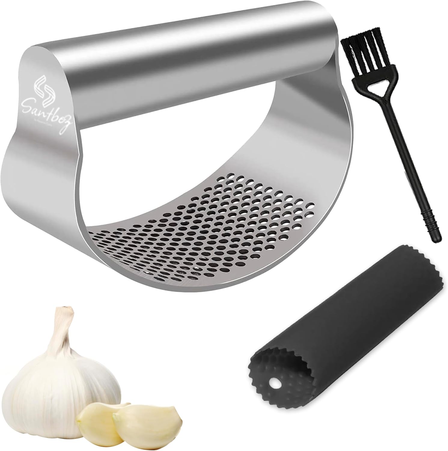 Garlic Press Stainless Steel with Garlic Peeler, Extract More Garlic Paste Per Tooth. Garlic Mincer Tool with Peeler, Equeeze, Estract, Crusher and Press the Garlic Easy and Fast. (Metal, Silver)