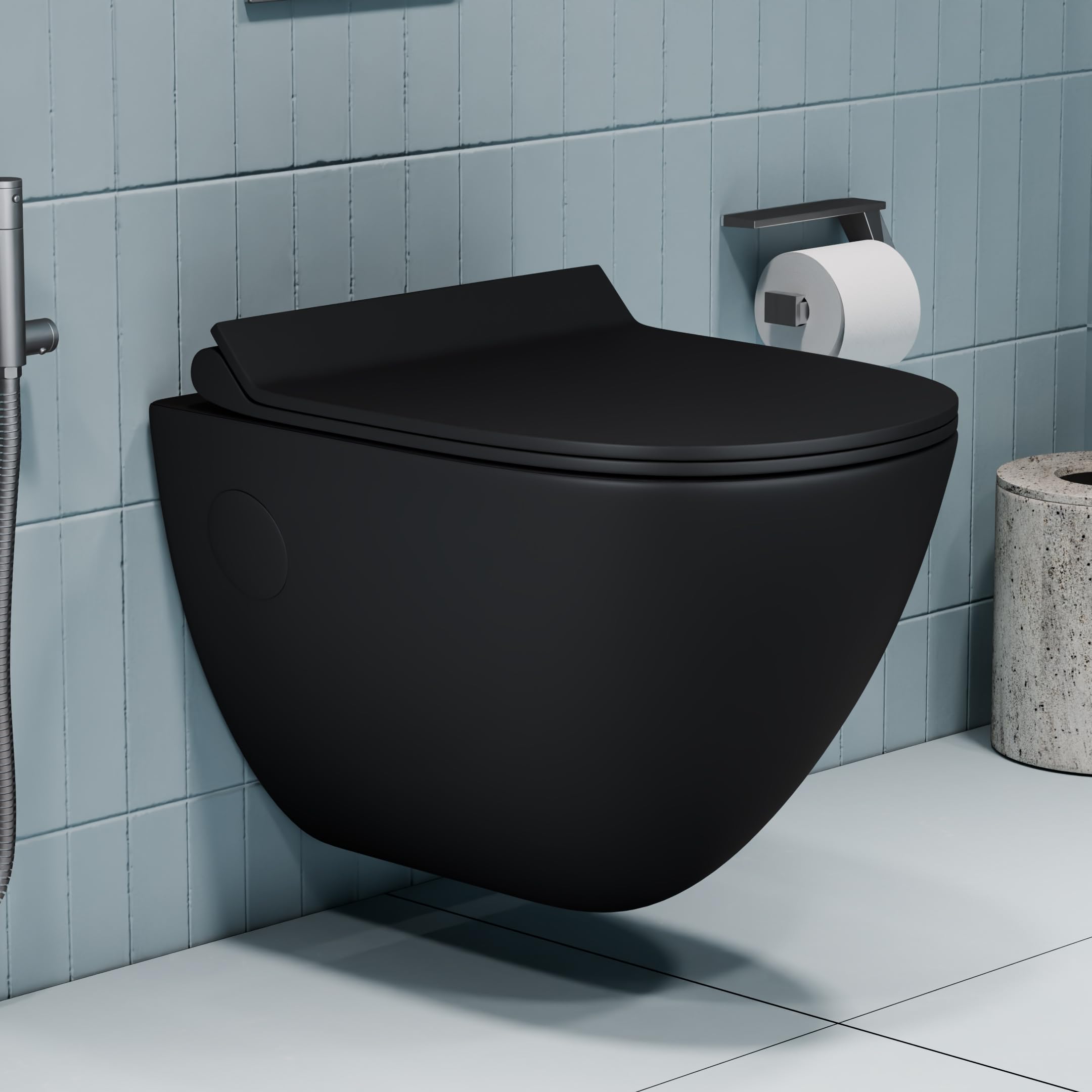 SYON Wall Mounted Rimless Toilet Commode with Soft Close Seat Cover | Space Saving Modern Western Toilet for Bathroom | Ceramic Wall Hung Commode (52 x 37 x 36 cm) (Matte Black)-image-17