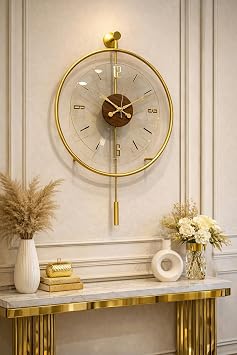 MetaQuartz Aksesuar Masif - Luxry Şefaf (TAMPERLİ KIRILMAZ CAM) - (50 ÇAP)- Quartz Mekanizma - Metal Duvar Saati GOLD 50 x 75