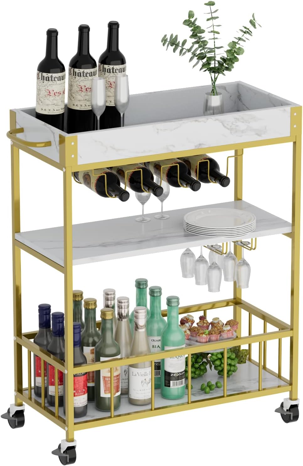 Azheruol Bar Cart White Marble 3 Tiers Removable Storage