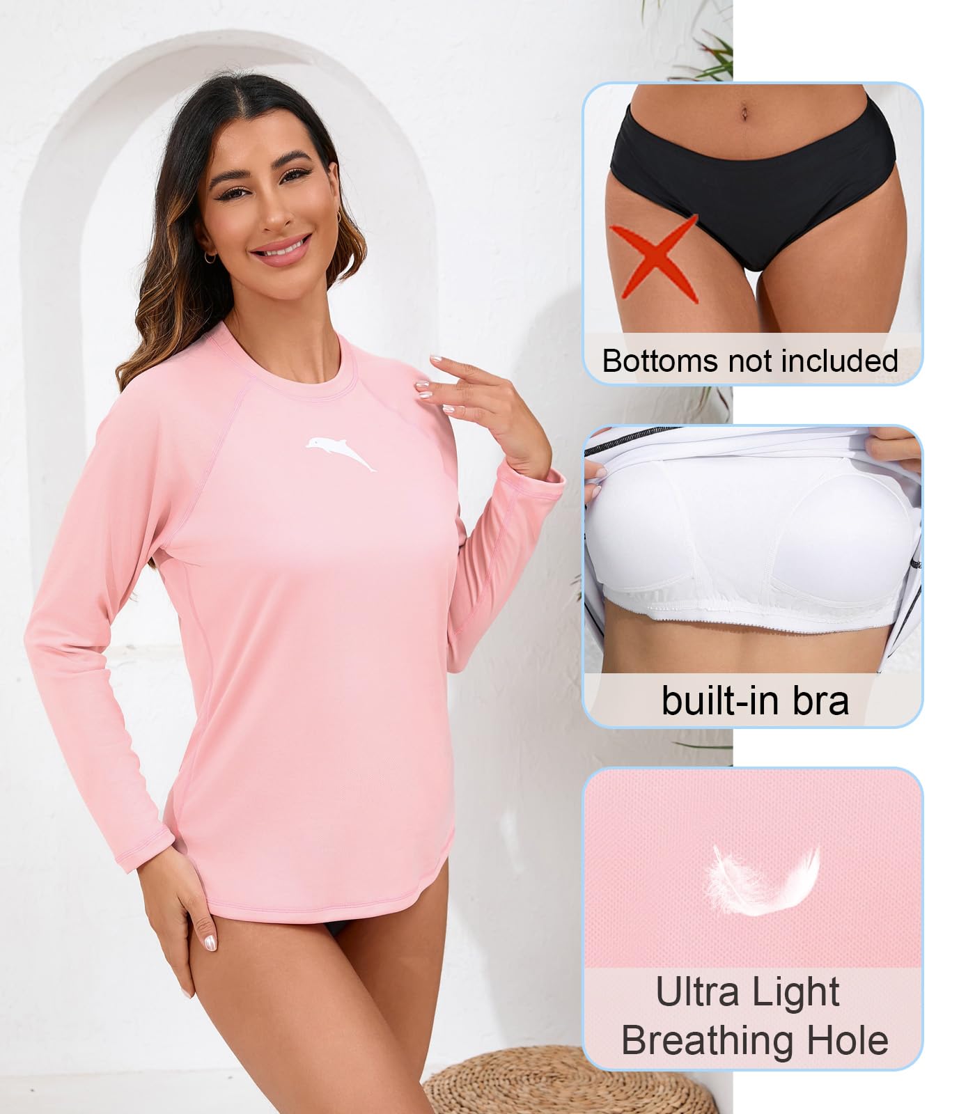 Halcurt Camiseta de natación de manga larga para mujer con brasier integrado, peso ligero, secado rápido, UPF50