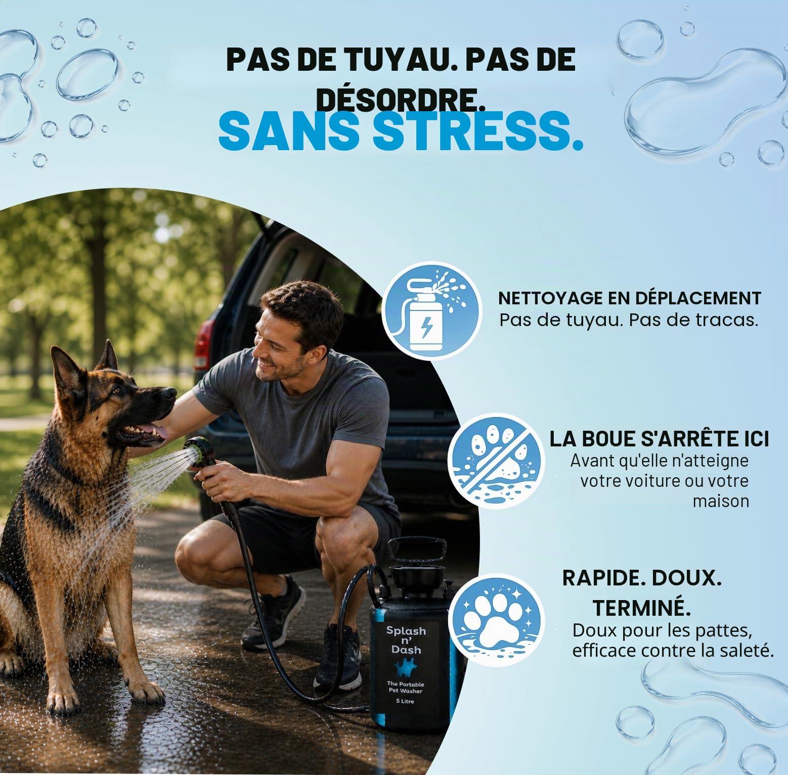 Splash n' Dash Douche portable pour chien 5 litres - Kit de douche manuel avec tête de brosse et veste en néoprène - Lave-chien portable pour la maison, les voyages ou l'extérieur