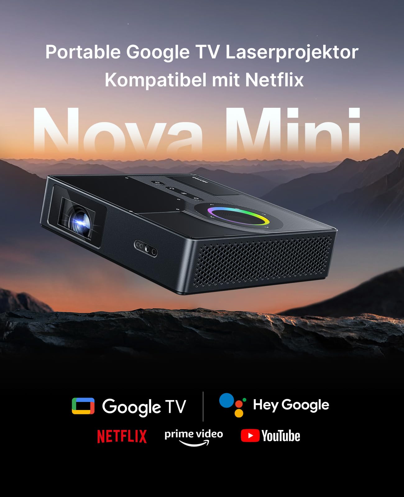 NexiGo Nova Mini, tragbarer Laser-Projektor, Google TV mit Netflix, 1080p FHD, 1200 Lumen, 15000:1 Kontrastverhältnis mit SAE, 3D, automatische Einrichtung, 150" Anzeige, 8W Dolby Audio, tragbar für