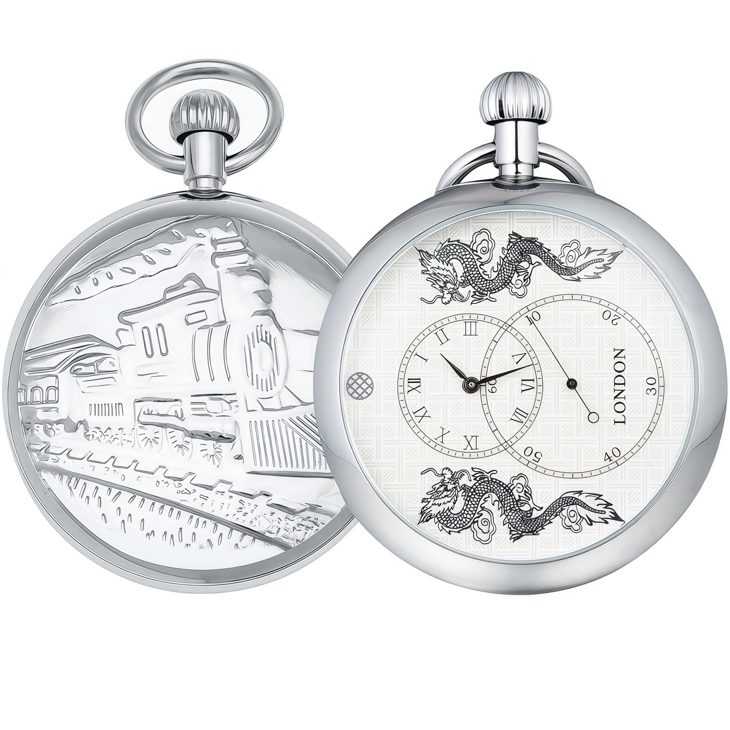 Men's Pocket Watch, Silver Double Dragon Mechanical Antique Skeleton Case with Chain-image-48