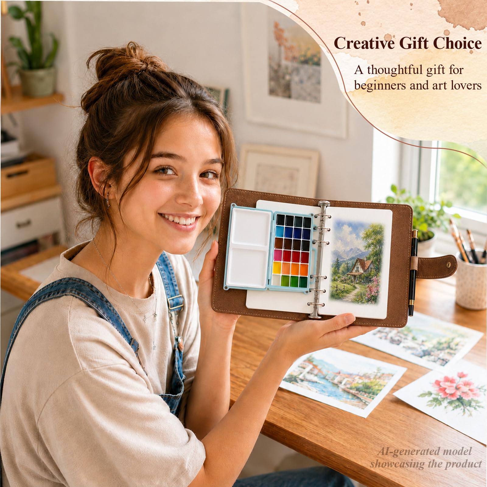 Set di pittura ad acquerello portatile da viaggio, 24 colori, scatola di pittura tascabile, 17,8 x 13 cm | 40 fogli di carta di cotone da 300 g/m² e 3 pennelli, album da disegno per artisti, pittura all'aperto e principianti