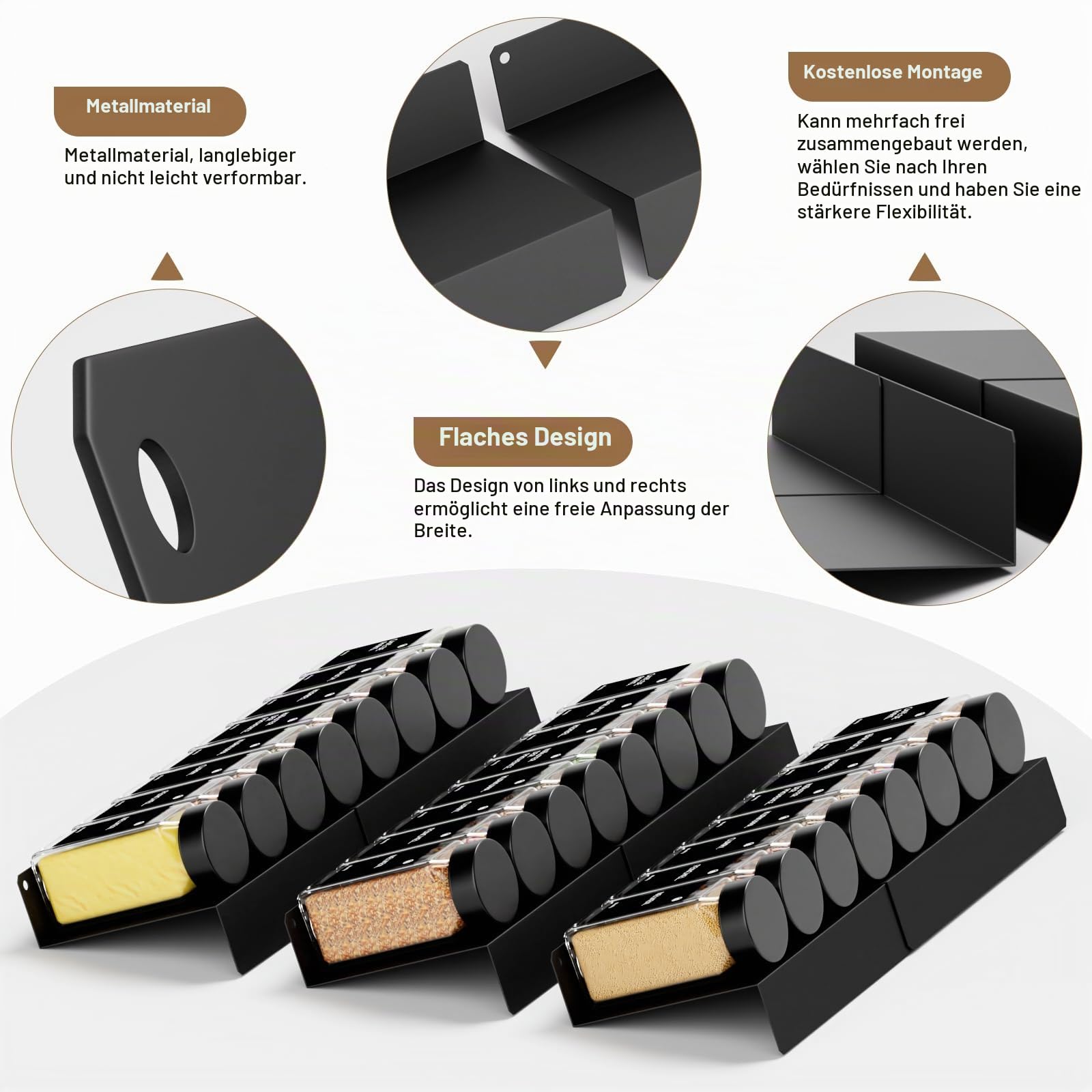 Miorkly Gewürzgläser mit Gewürzregal - 24 Eckige Gewürzdosen mit Etiketten (120ml) & 6pcs Metall-Gewürz Organizer - Schwarzer Deckel,24 schwarze Edelstahldeckel