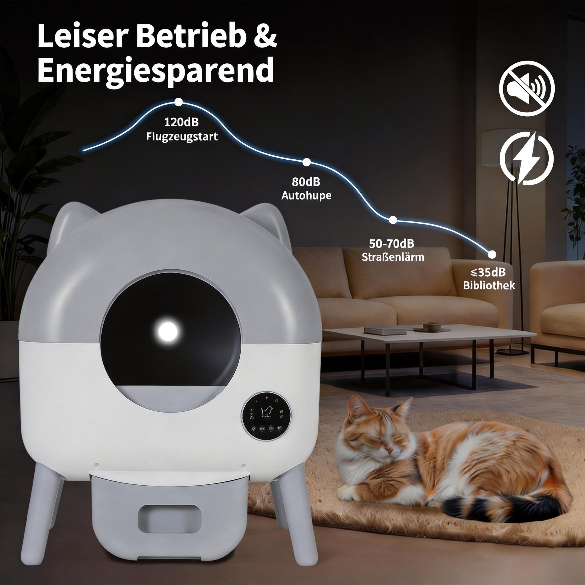 Selbstreinigende Katzentoilette, 76L Automatisches Katzenklo mit App-Steuerung & Sicherheitsschutz, Großes Volumen für Mehrkatzenhaushalte, Einstellbares LED-Nachtlicht, inkl. 1 Rolle Müllbeutel