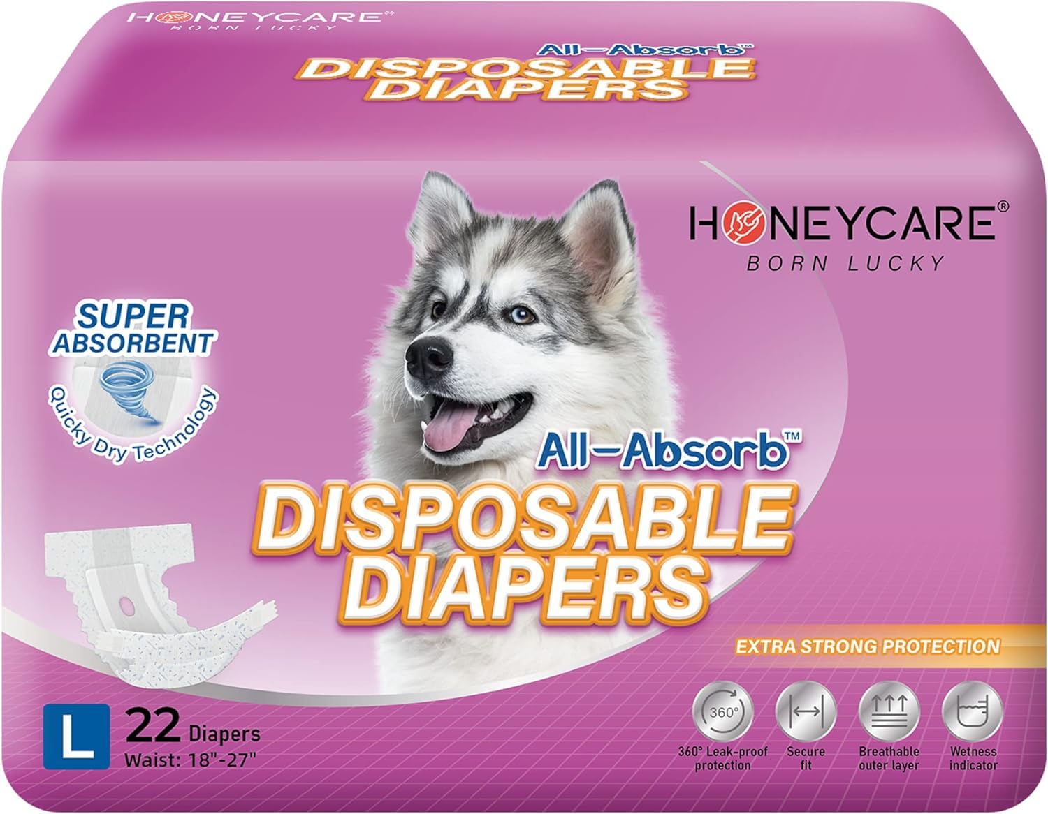 Photo 1 of Honey Care All-Absorb Disposable Female Dog Diapers L Size, Improved Bigger Size, 22 Count, Super Absorbent, Breathable, Wetness Indicator, Packaging May Vary