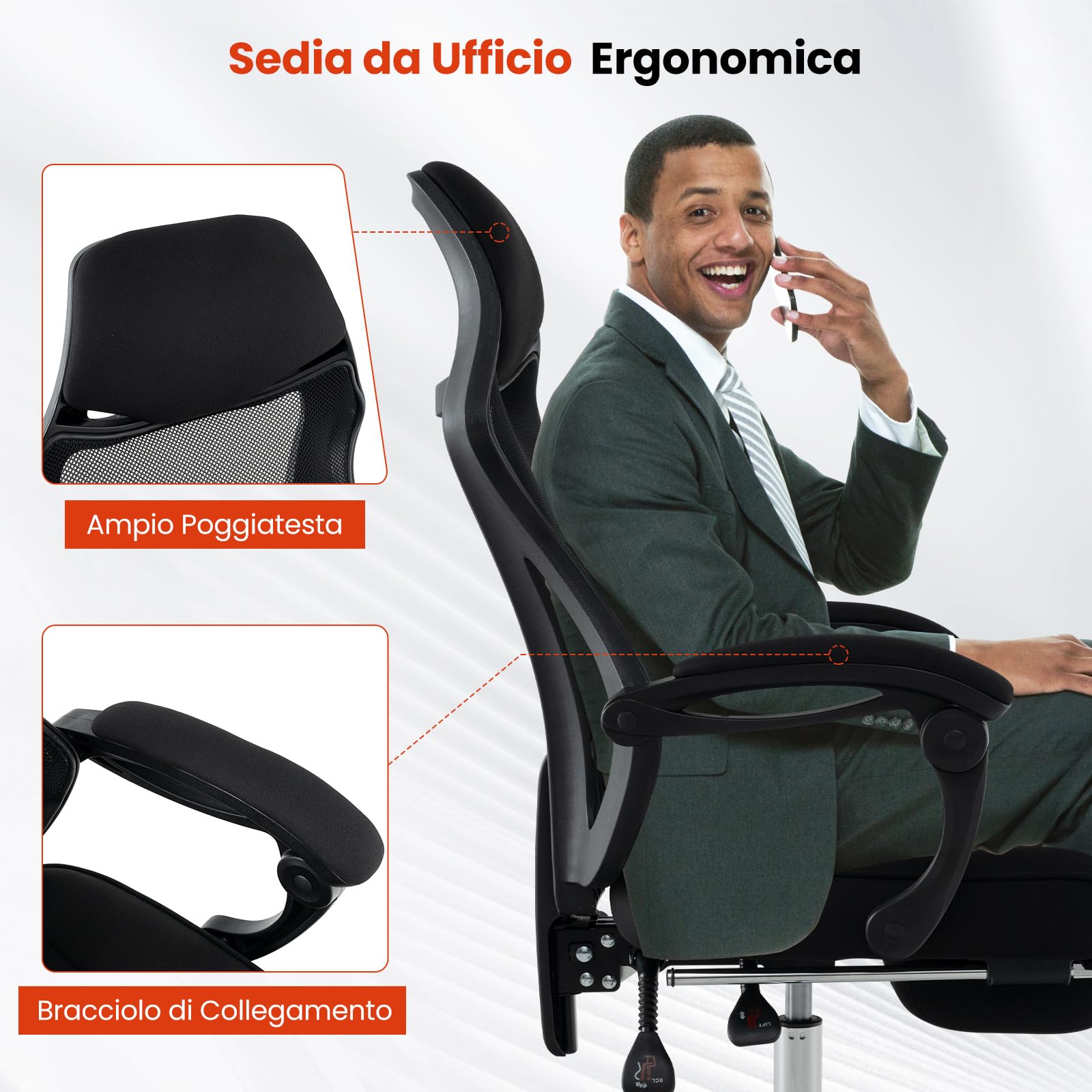 GYMAX Sedia da Scrivania per Computer, Sedia da Ufficio Ergonomica in Mesh Regolabile in Altezza con Schiena Inclinabile, Braccioli, Testiera, Sedia Girante Reclinabile per Sala Riunioni, Nera