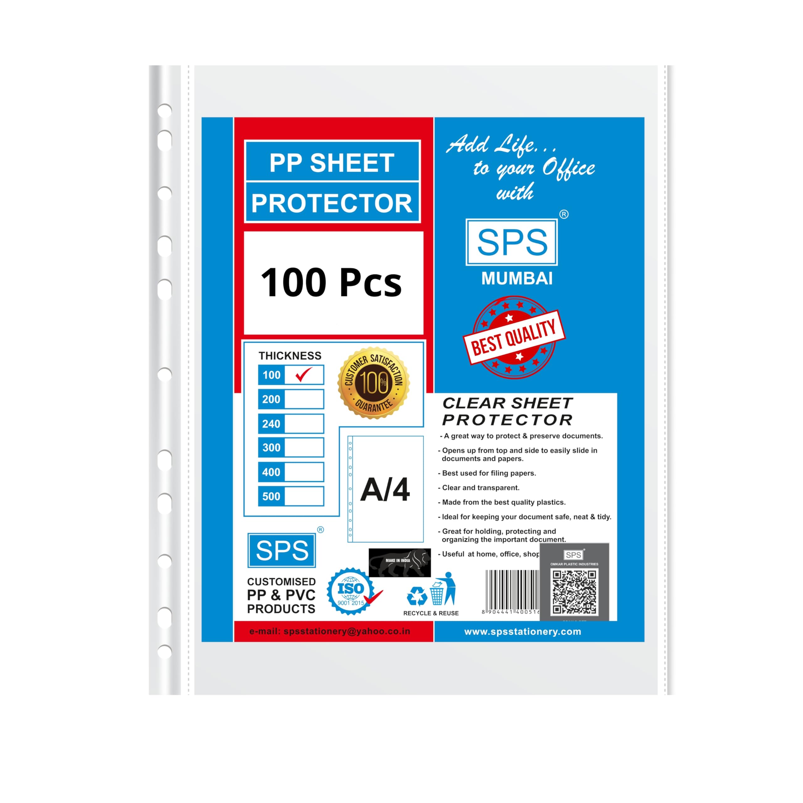 SPS A4 Size 100 Pcs 100 Micron Sheet Protectors, Transparent Document Sleeves, Leaf Sheet Clear Certificates, Waterproof 11 Holes Punched Ring Files Folder (A4, 100 Micron, Pack of 100)