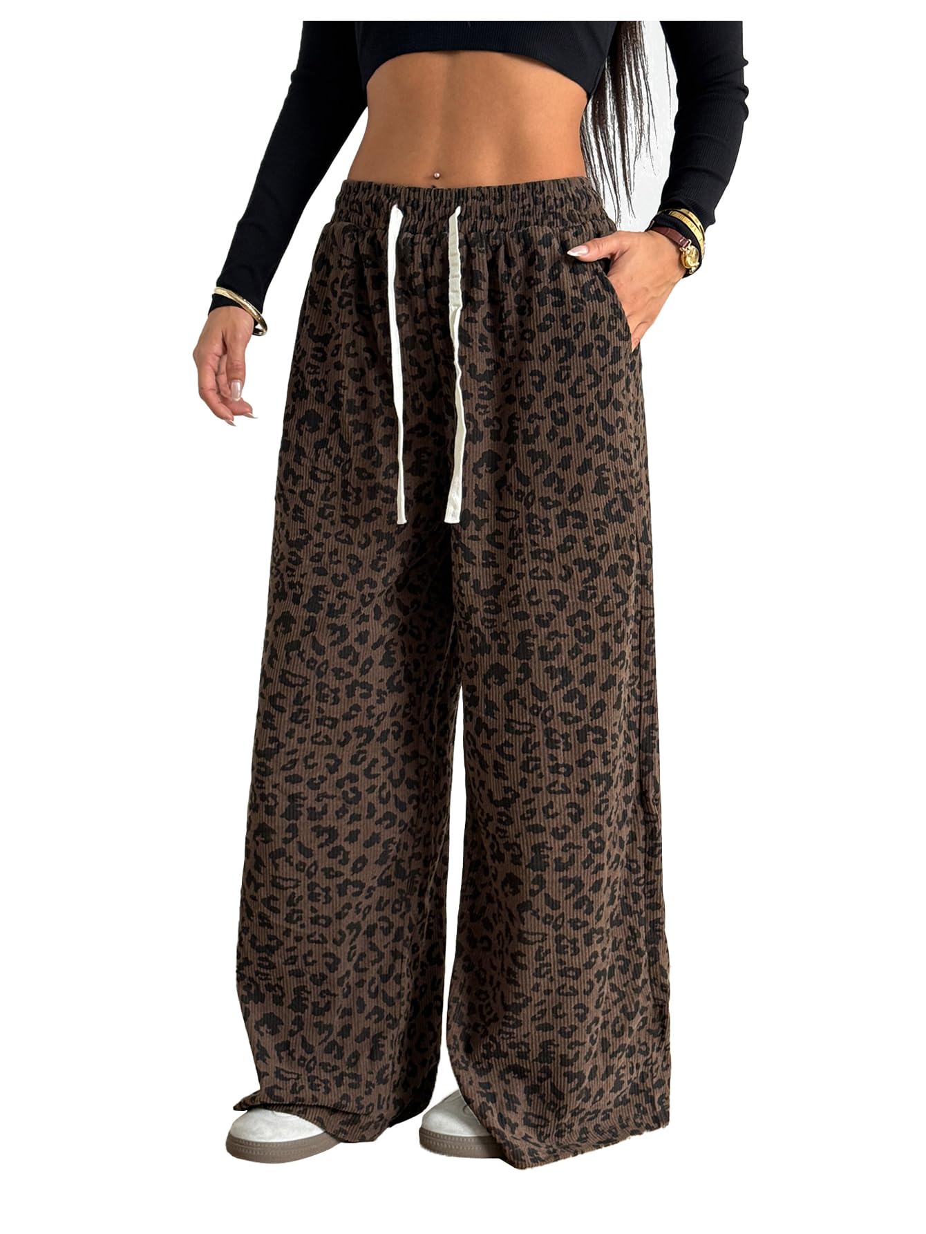 OYOANGLE Womens Cheetah Drawstring Elastic High Waist Pants Graphic Print Y2k Wide Leg Casual Trousers with Pockets