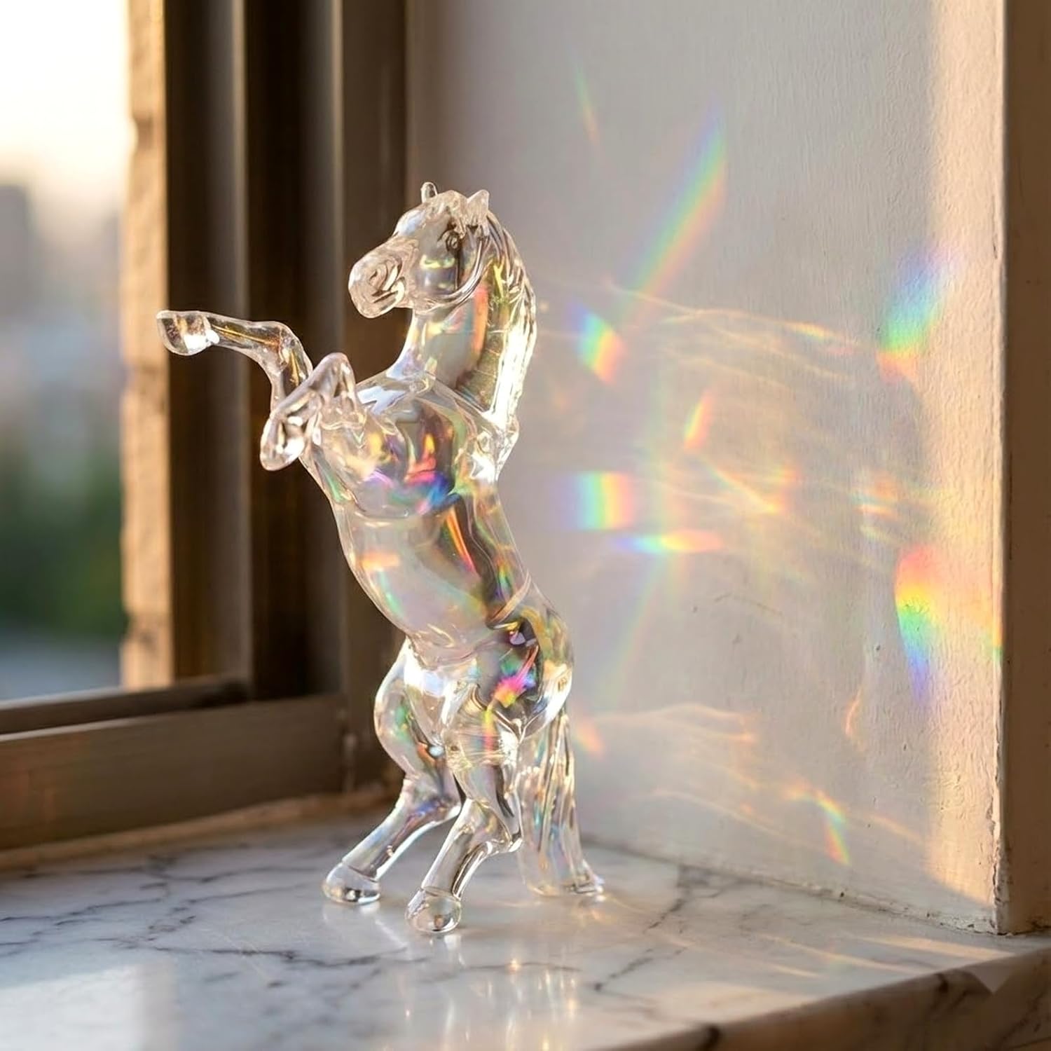 LOGOFUN Crystal Horse Figurine Standing Statue for Office Desk Decor Handcrafted Transparent Ab Color Animal Display Home Decor