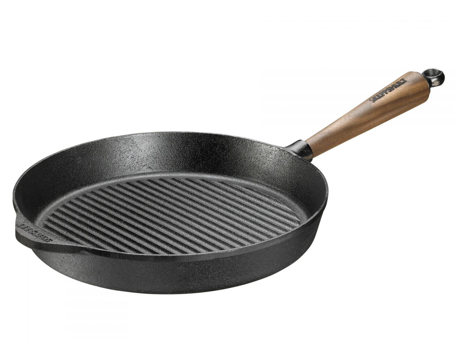 Skeppshult Pfanne Walnuss Holzgriff Bratpfanne / Servierpfanne / Grillpfanne / Wok Gusseisen + Prymo Mikrofasertuch Farbe Grillpfanne rund, Größe 28 cm