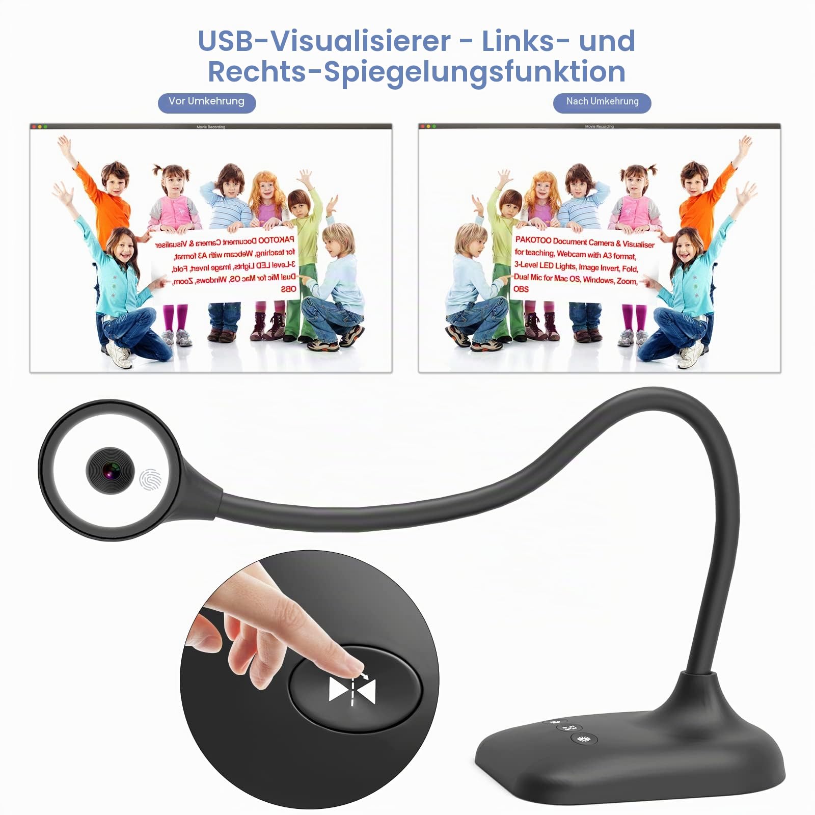 USB Dokumentenkamera & Visualizer Schule im A3-Format, 3-stufige LED-Leuchten, Bildumkehrung, Falten, Dual-Mikrofon mit Zoom, Skype, Teams, OBS. Für Windows, macOS, Linux und Chromebook
