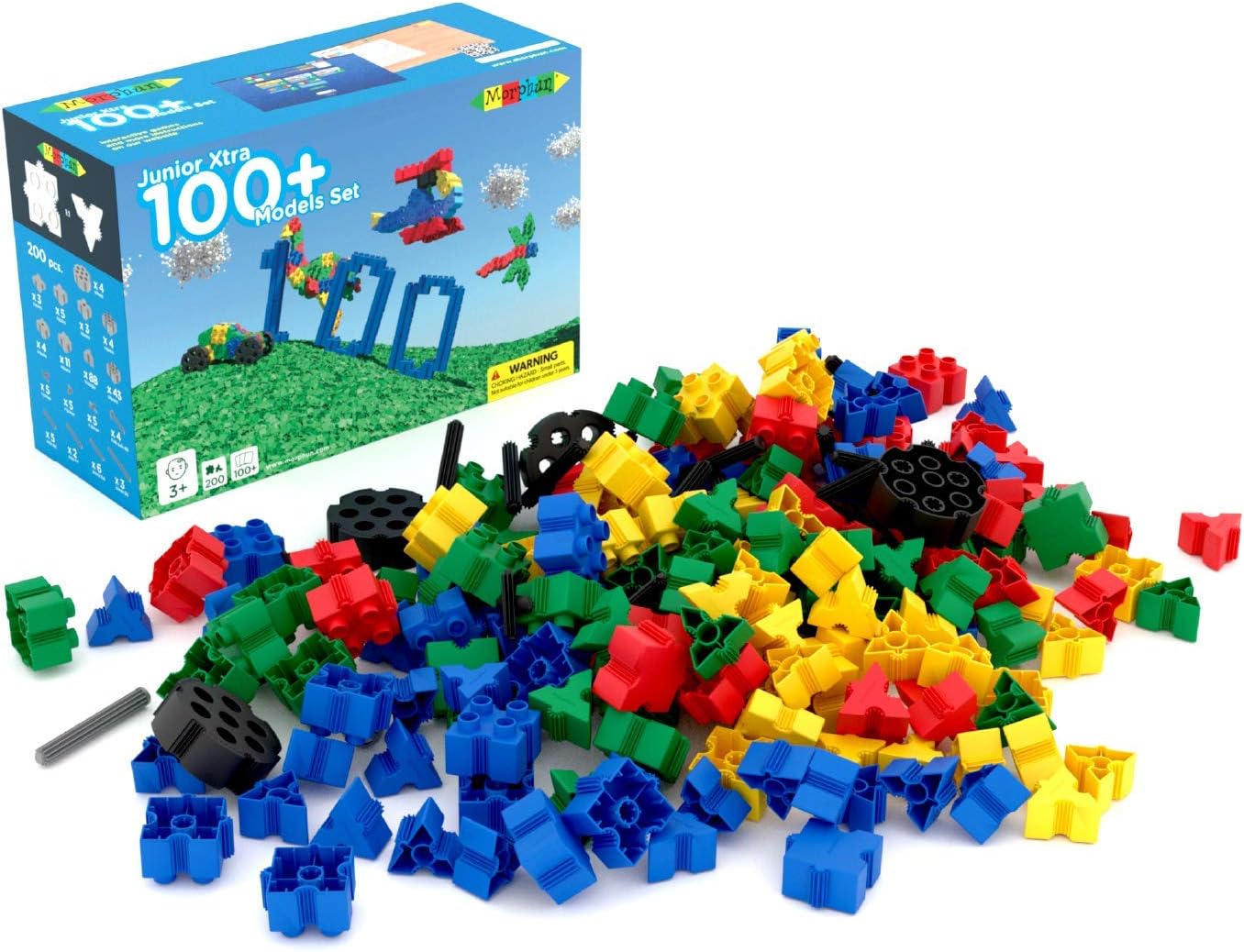 Morphun STEM Building Bricks Set, Junior Xtra, 200 Piece Set Builds 100+ Models