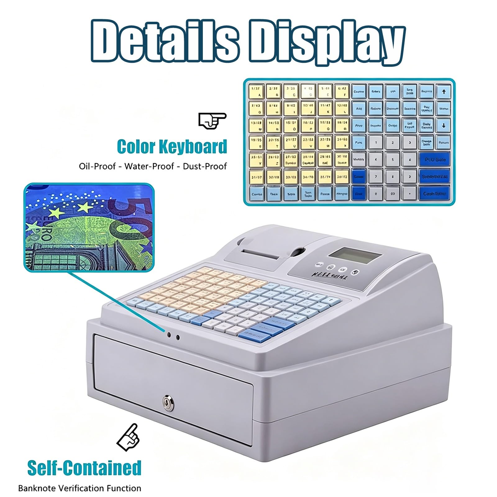 Caja Registradora Commerciale Elettronico, 8 Registratori di Cassa Digitali a Doppio Display con Stampante Termica Integrata, Rilevamento Striscia di Sicurezza, Cassetto Sicuro for Piccole Imprese